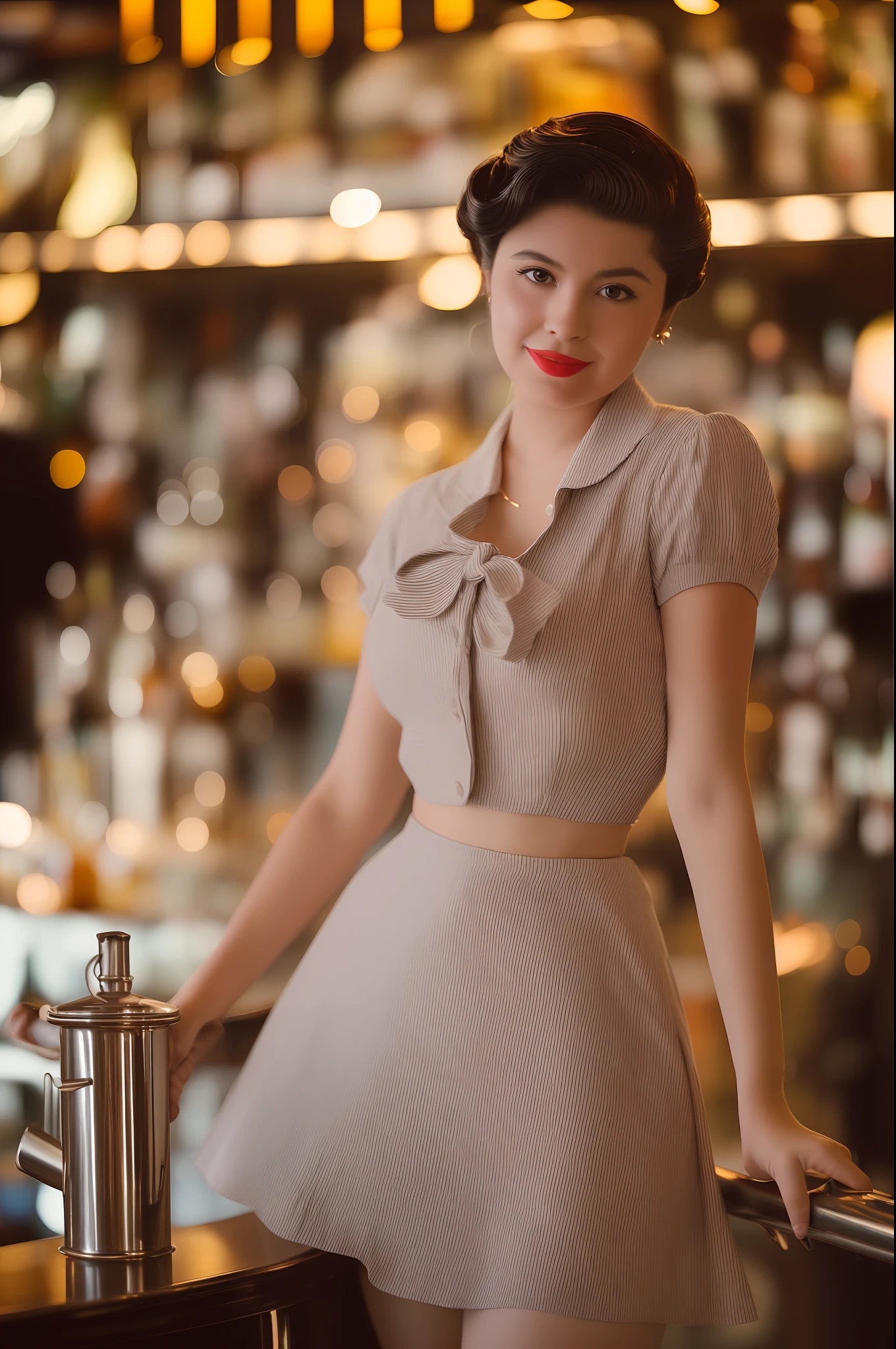 full body portrait of 1 25 year old girl (styled in a 1940's, Sailor Dress, highly detailed:1.3), (highly detailed face:1.8), (1940's Pompadour Hairstyle:1.3),  (slim body, small breasts, small hips:1.5), (leaning back on the bar:1.5), (background inside a dark, old, 1940's big-band bar:1.4), (soft studio lighting, volumetric shadows), JCH Street Pan, ISO 100