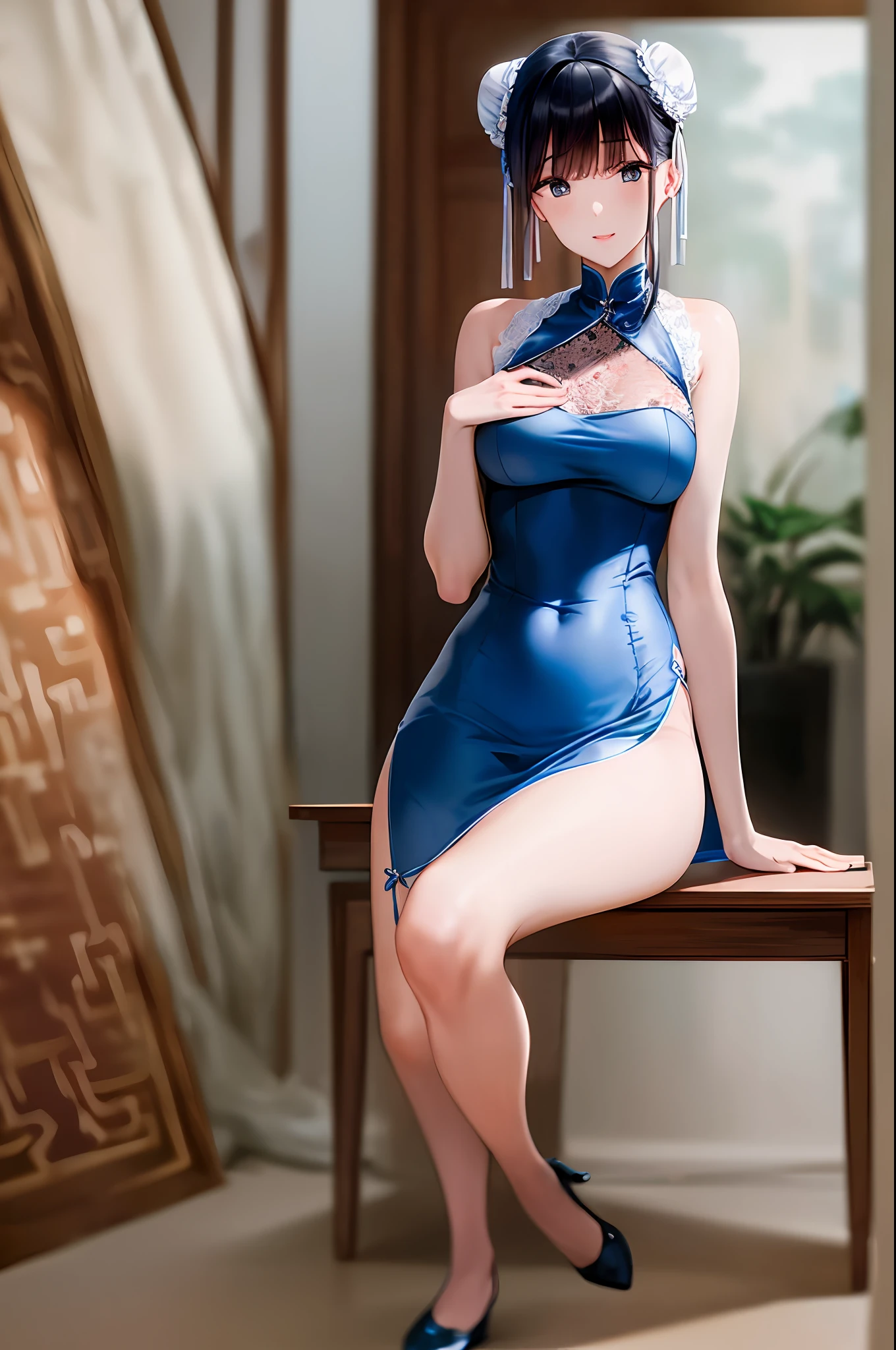 Masterpiece, Superb Piece, 1 Woman, Fingers to the Lips, Blue Cheongsam, Blue Clothes, Full Body Photo, Antique Chinese, Seduction Pose, White Cloth Bun Bun, Black Hair, Leaky Shoulders, Slender Legs, Smile, White Slip Tights, Lace Trim,
