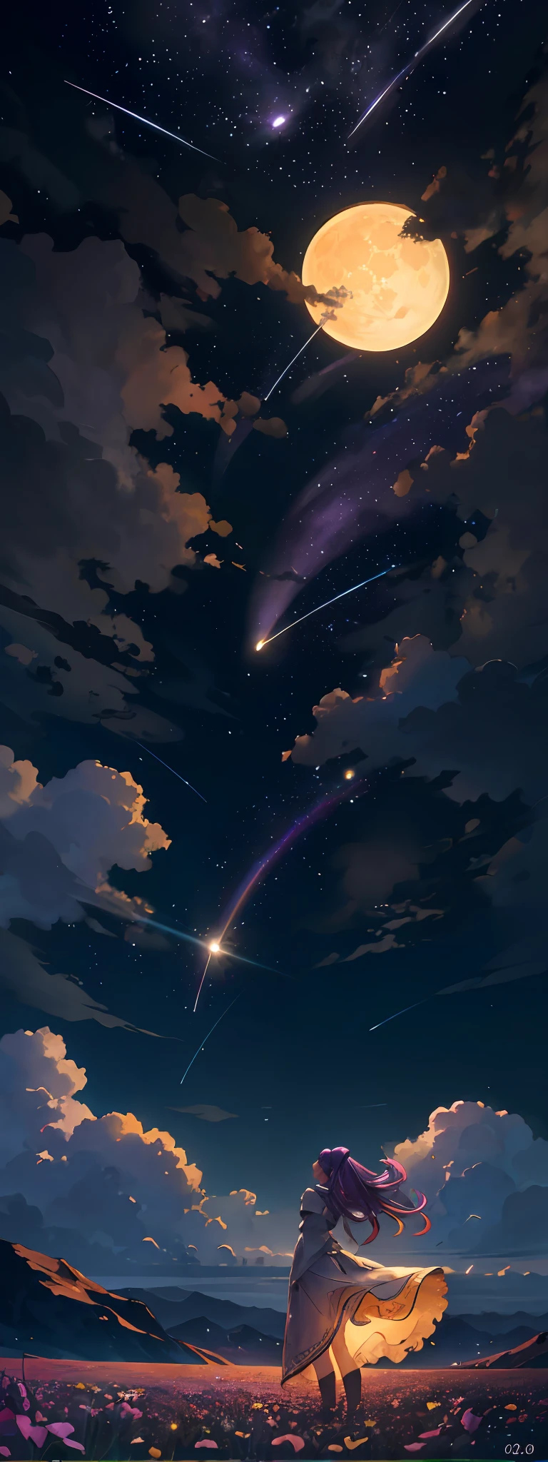 Vast landscape photo, (viewed from below, the sky is above and the open field is below), a girl standing on a flower field looking up, (full moon: 1.2), (meteor: 0.9), (nebula: 1.3), distant mountains , Trees BREAK Crafting Art, (Warm Light: 1.2), (Fireflies: 1.2), Lights, Lots of Purple and Orange, Intricate Details, Volumetric Lighting, Realism BREAK (Masterpiece: 1.2), (Best Quality), 4k, Ultra-Detailed, (Dynamic Composition: 1.4), Very Detailed, Colorful Details, (Rainbow Colors: 1.2), (Glow Lighting, Atmospheric Lighting), Dreamy, Magical, (Solo: 1.2)