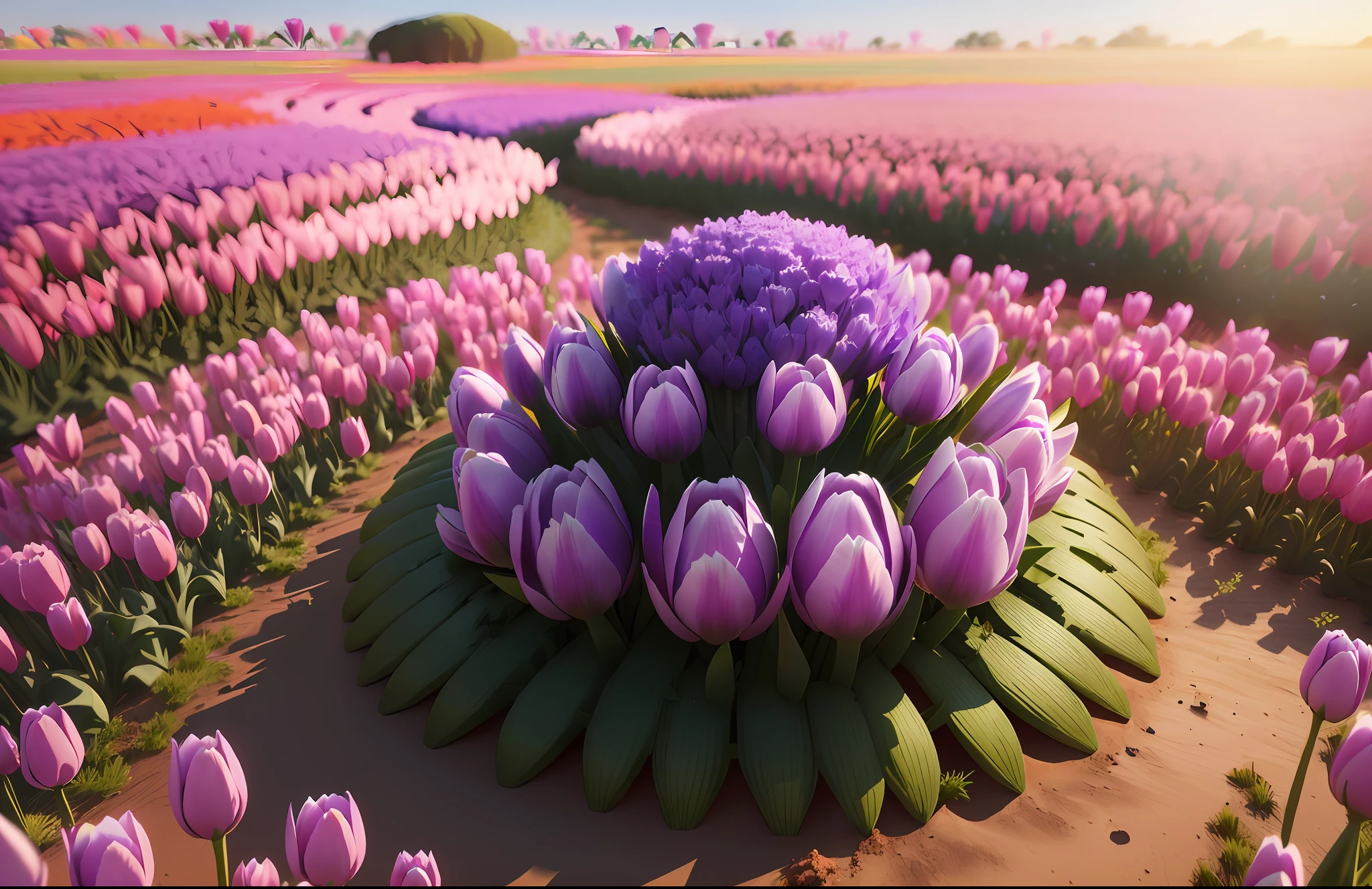 an anthill made from tulip flower,purple,surrounded in tall grass,animation,3D,upscales