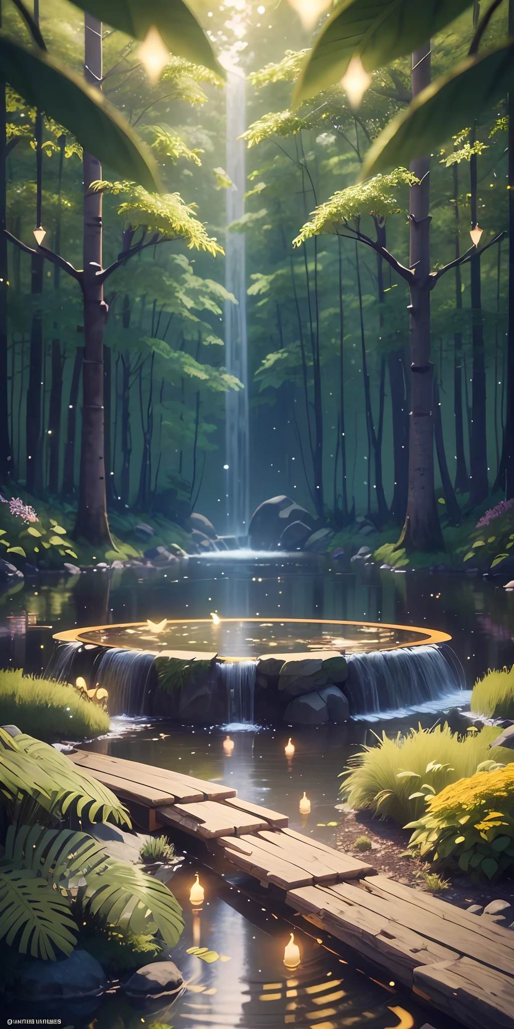 Masterpiece, best quality, (very detailed CG unity 8k wallpaper), (best quality), (best illustration), (best shadows), glow sprite, with a glowing deer, in the swimming pool Drinking water, natural elements in the forest theme. Mysterious forest, beautiful forest, nature, surrounded by flowers, delicate leaves and branches surrounded by fireflies (natural elements), (jungle theme), (leaves), (twigs), (fireflies), (particle effects) etc. 3D , Octane rendering, ray tracing, super detailed --v6