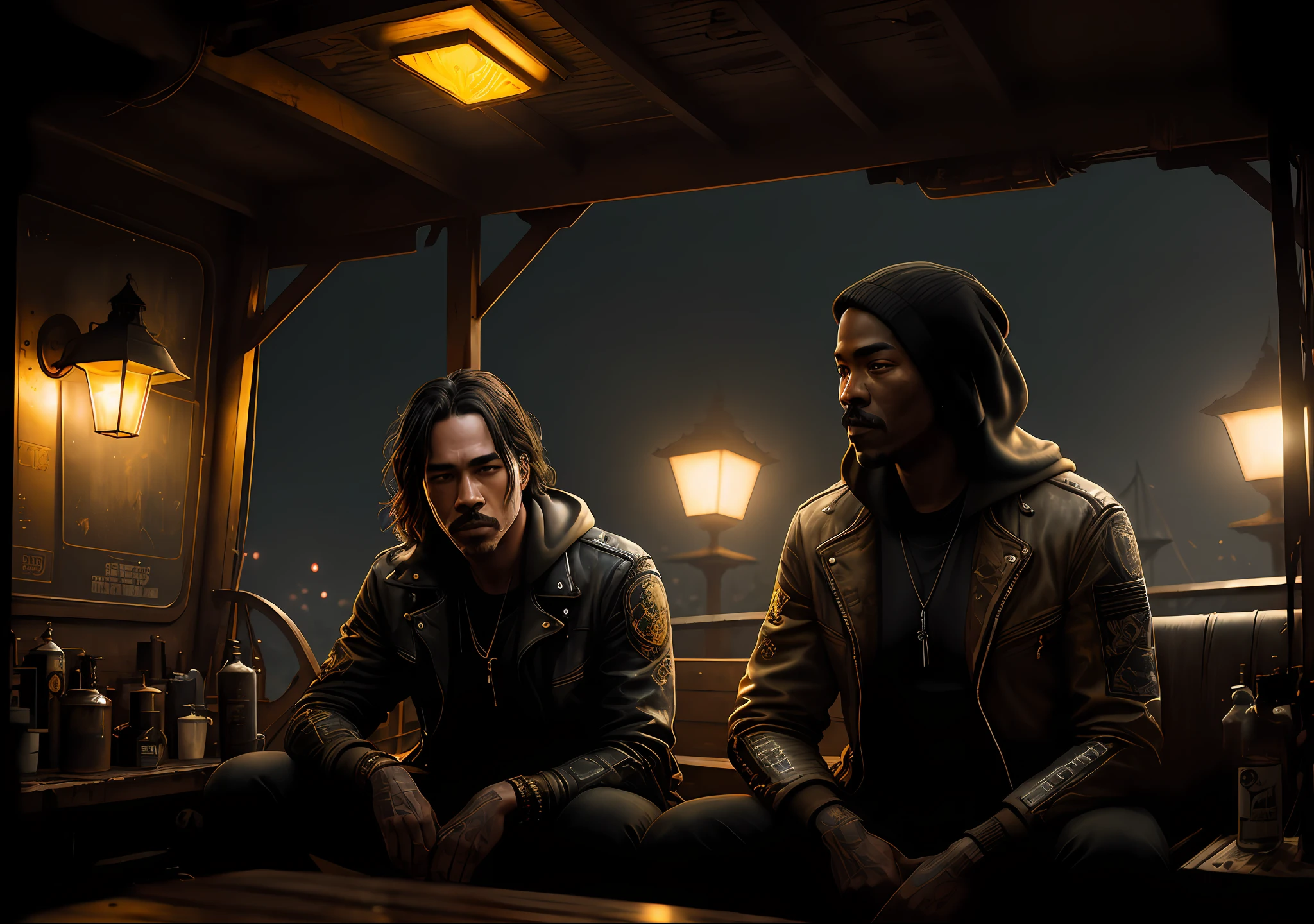 EDDIE MURPHY DARK PHOTO: Sitting on an old boat, realistic epic, portrait of, James Gilleard, by Joe Fenton, by Kaethe Butcher, yellow gradient, black, brown and magenta color scheme, grunge aesthetic!!! Graffiti brand wall background, art by Greg Rutkowski and Artgerm, soft cinematic light, Adobe Lightroom, Photo Lab, HDR, intricate, highly detailed, (depth of field: 1.4), faded, (neutral colors: 1.2), (HDR: 1.4), (soft colors:1.2), hyperdetailed, (Artstation:1.4), cinematic, warm lights, dramatic light, (intricate details:1.1), complex background, (Rutkowski:0.66), (blue and orange:0.4)
