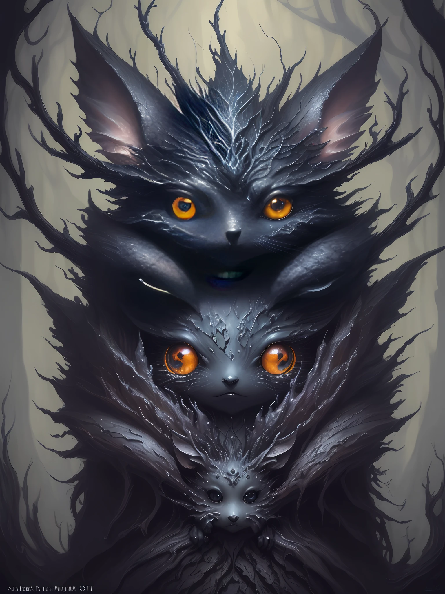 olpntng style, Cute little fantasy animal dark creature, dark forest, 4k, symmetrical, soft lighting, detailed face, trending on artstation, intricate details, highly detailed, pencil drawing, sketching, unreal engine, Brian Froud, oil painting, heavy strokes, paint dripping, oil painting, heavy strokes, paint dripping