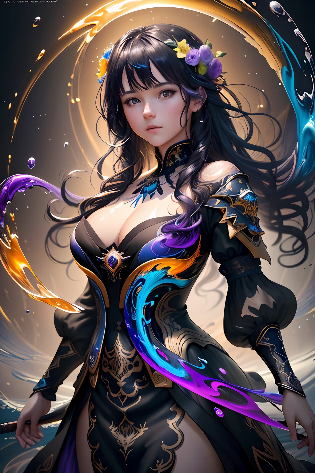 Colorful beautiful girl: a giru 18-years old, messy hair, oil painting, nice perfect face with soft skinice perfect face, blue yellow colors, light purple and violet additions, light red additions, intricate detail, splash screen, 8k resolution, masterpiece, cute face,artstation digital painting smooth veryBlack ink flow: 8k resolution photorealistic masterpiece: intricately detailed fluid gouache painting: by Jean Baptiste Mongue: calligraphy: acrylic: watercolor art, professional photography, natural lighting, volumetric lighting maximalist photoillustration: by marton bobzert:, complex, elegant, expansive, fantastical, wavy hair, vibrant, Best quality details, realistic, High definition, High quality texture, epic lighting, Cinematic film still, 8k, soft lighting, anime style, masterful playing card border, random Colorful art, oil painting, blue yellow colors, light purple and violet additions, light red additions, intricate detail, splash screen, 8k resolution, masterpiece, artstation digital painting smooth veryBlack ink flow: 8k resolution photorealistic masterpiece: intricately detailed fluid gouache painting: by Jean Baptiste Mongue: calligraphy: acrylic: watercolor art, professional photography, natural lighting, volumetric lighting maximalist photoillustration: by marton bobzert:, complex, elegant, expansive, fantastical, vibrant