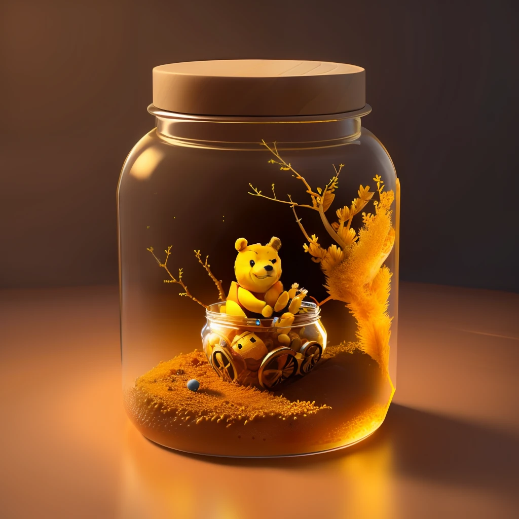 an anthill made from jar with honey, and winnie the pooh sitting inside,animation,3D,upscales