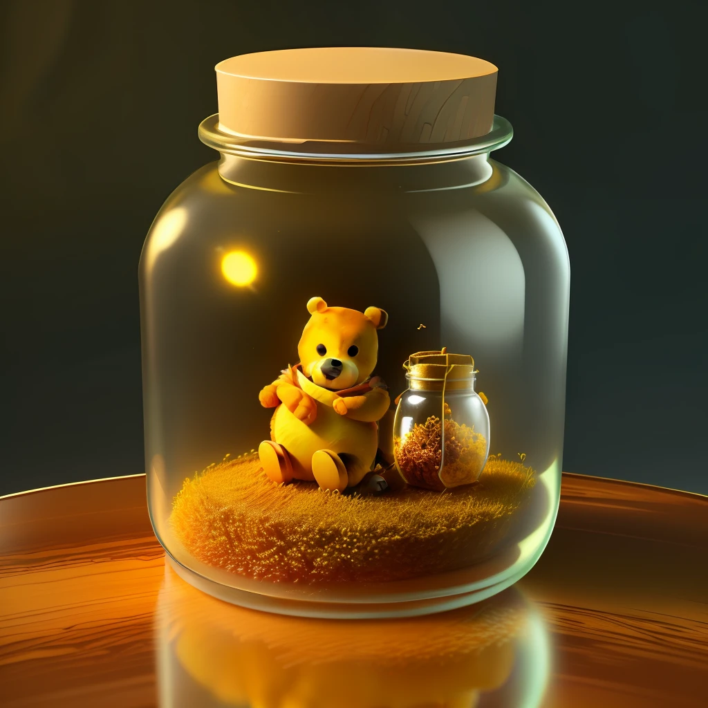 an anthill made from jar with honey, and winnie the pooh sitting inside,animation,3D,upscales