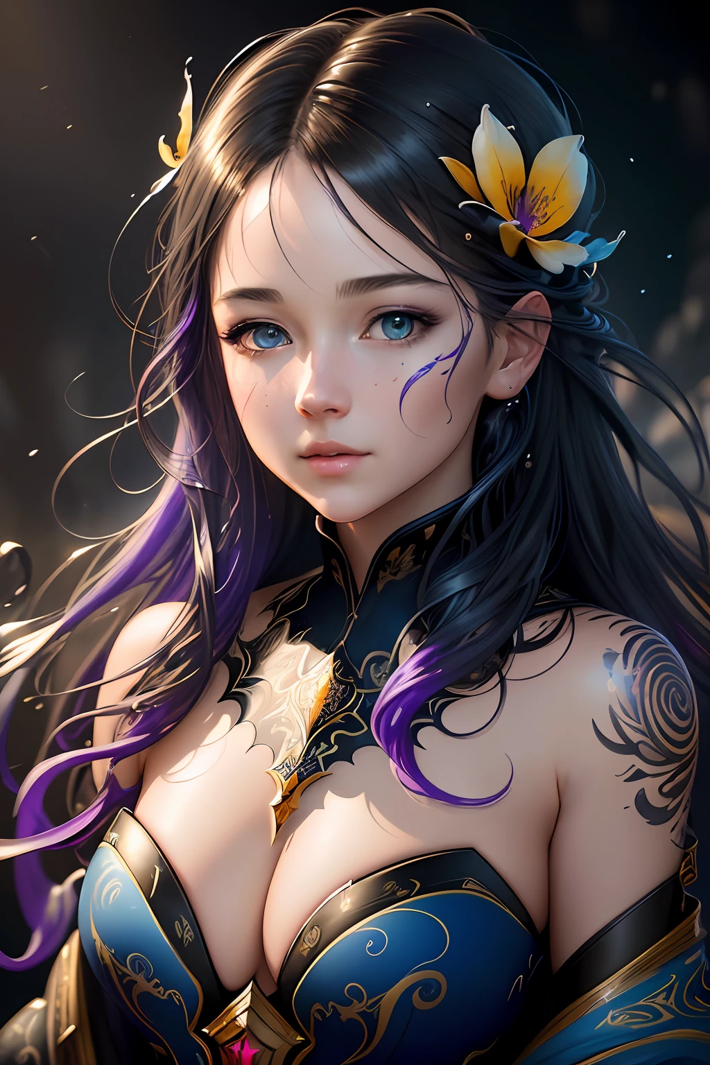 Colorful beautiful girl: a giru 18-years old, messy hair, oil painting, nice perfect face with soft skinice perfect face, blue yellow colors, light purple and violet additions, light red additions, intricate detail, splash screen, 8k resolution, masterpiece, cute face,artstation digital painting smooth veryBlack ink flow: 8k resolution photorealistic masterpiece: intricately detailed fluid gouache painting: by Jean Baptiste Mongue: calligraphy: acrylic: watercolor art, professional photography, natural lighting, volumetric lighting maximalist photoillustration: by marton bobzert:, complex, elegant, expansive, fantastical, wavy hair, vibrant, Best quality details, realistic, High definition, High quality texture, epic lighting, Cinematic film still, 8k, soft lighting, anime style, masterful playing card border, random Colorful art, oil painting, blue yellow colors, light purple and violet additions, light red additions, intricate detail, splash screen, 8k resolution, masterpiece, artstation digital painting smooth veryBlack ink flow: 8k resolution photorealistic masterpiece: intricately detailed fluid gouache painting: by Jean Baptiste Mongue: calligraphy: acrylic: watercolor art, professional photography, natural lighting, volumetric lighting maximalist photoillustration: by marton bobzert:, complex, elegant, expansive, fantastical, vibrant
