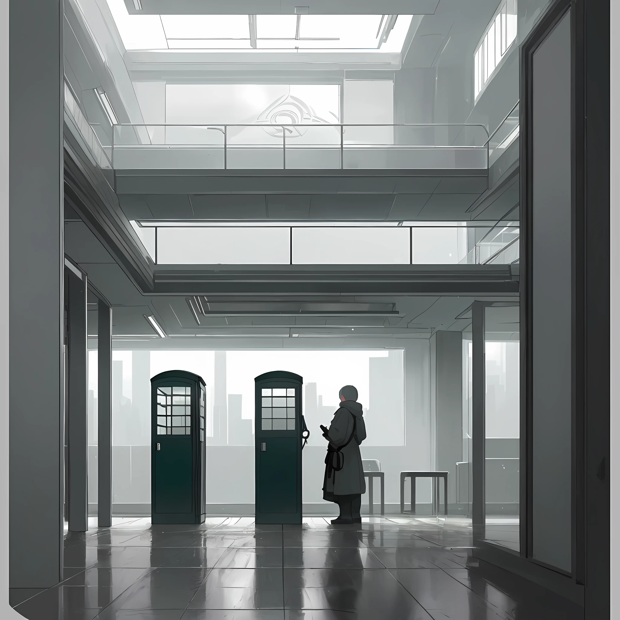 Front plane from the outside of the façade of an empty cafeteria in a futuristic building of gray cement (with large windows that reflect the light from the outside), (pastel yellow posters), (poster of announcements), (pastel blue telephone booth), the interior is empty, on the outside there are some tables and chairs (black metal paint), dark green bins, Pots. The atmosphere is gray and depressing, dirty and dark, heavily laden with fog. dim and gray light, no people, it's all empty