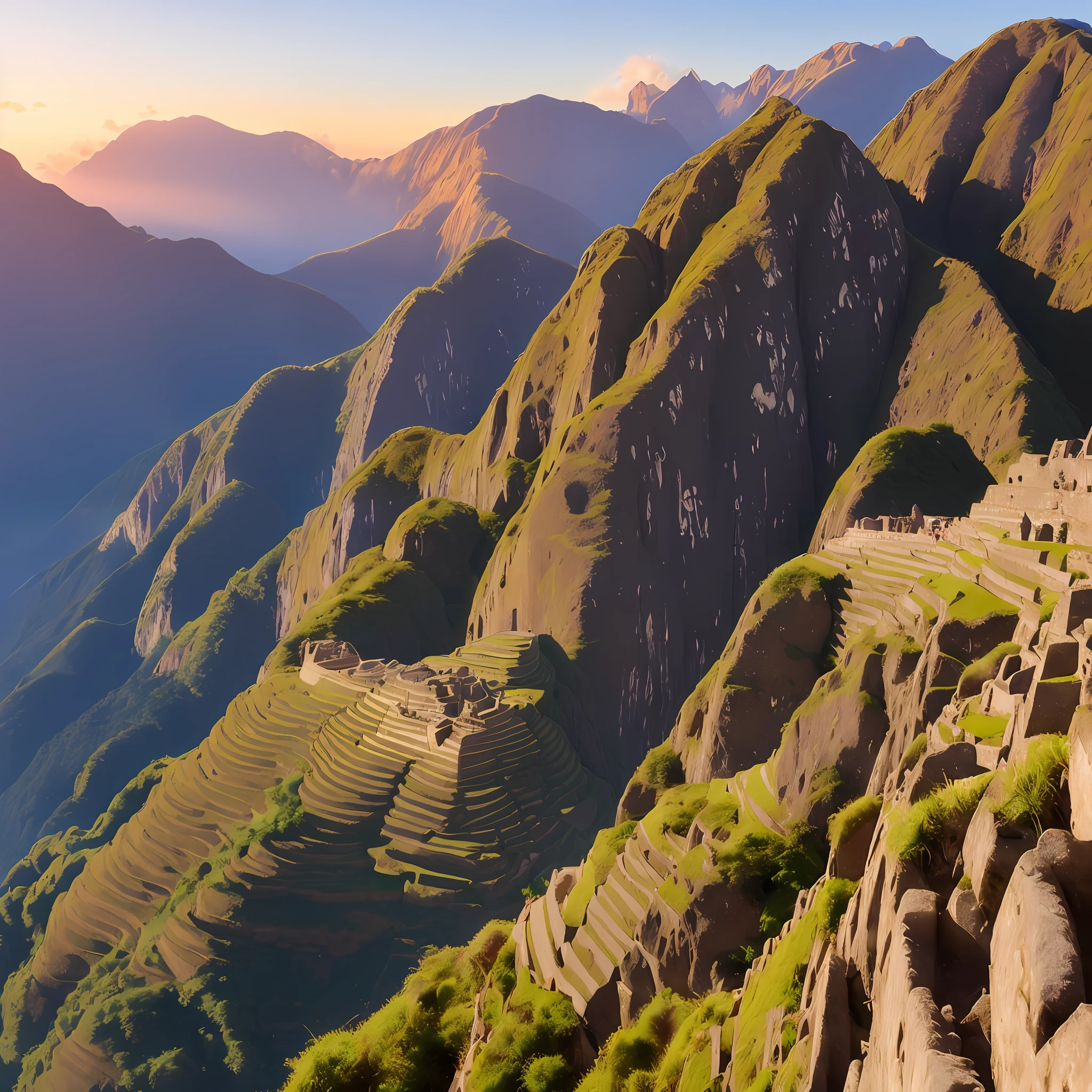 Panoramic view of Machupicho during the golden hour, ultra realistic, 8k