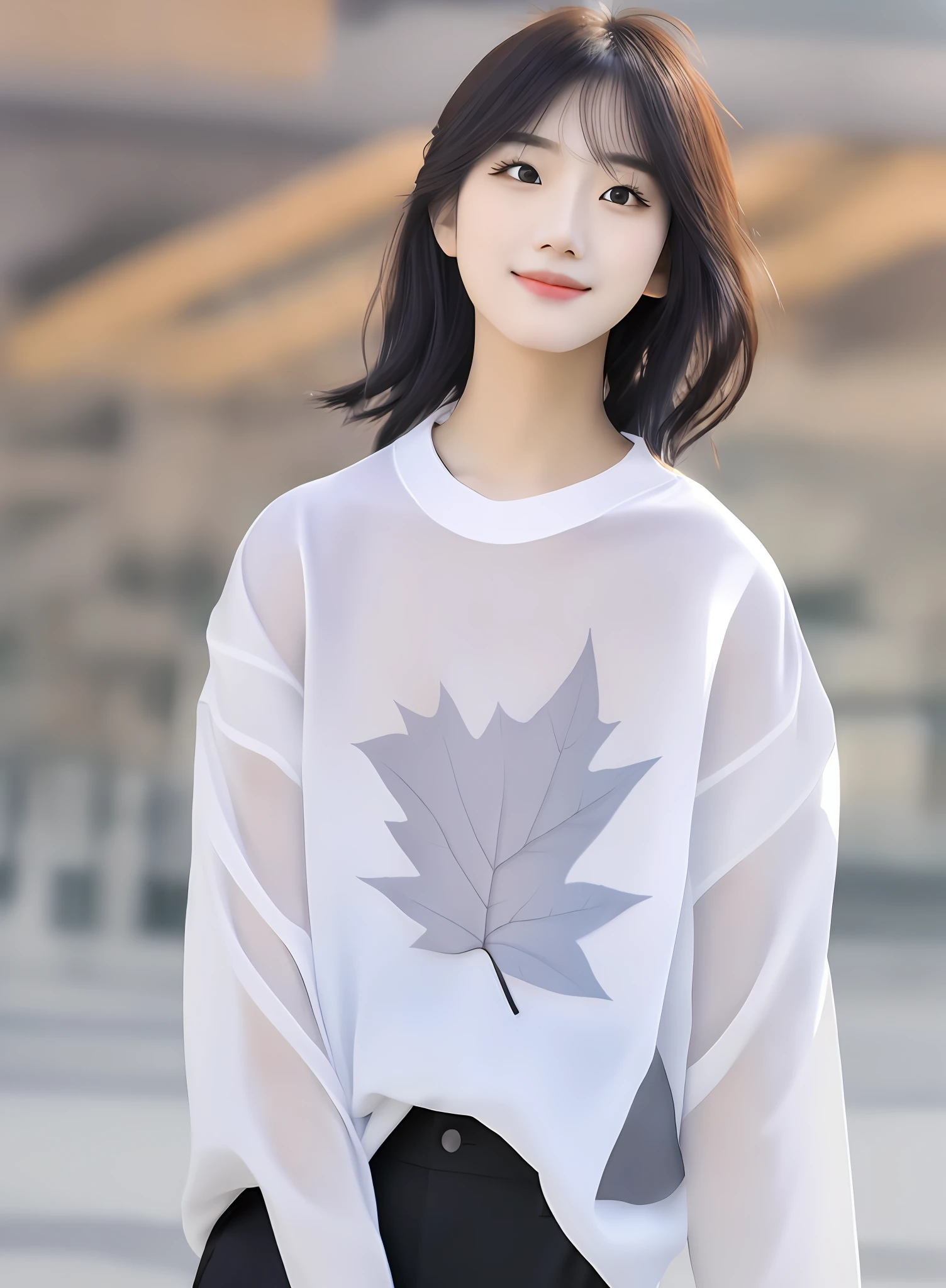 Masterpiece, best quality, (realistic), 1 person, male focus, tall, handsome, smile, shut up, white shirt and black pants, portrait, extremely detailed face, fall halloween season, korean face, idol face, sharp eyeliner, short gray hair, movie lightning, fog background with maple leaf,