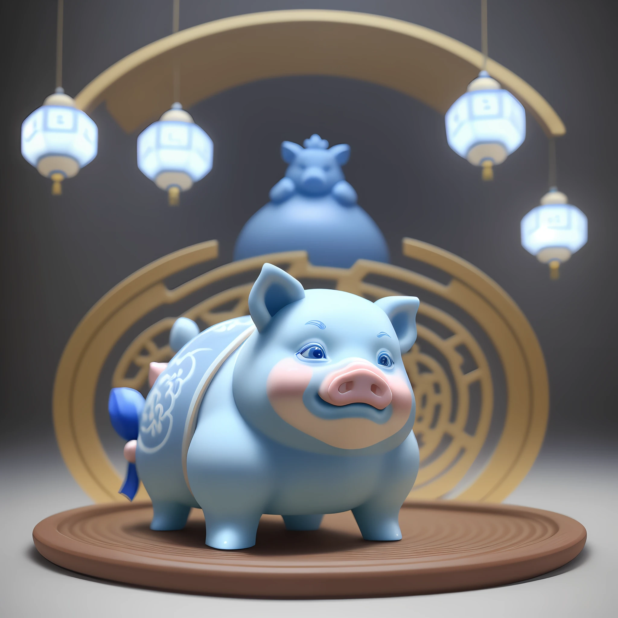 A cute ceramic pig made of blue and white porcelain, full of Chinese mythology, with cinematic lighting, clean background and advanced color scheme, creates an all-over 3D model full of ancient Chinese cultural elements, charming terracotta material, delicate luster, C4D, 8K