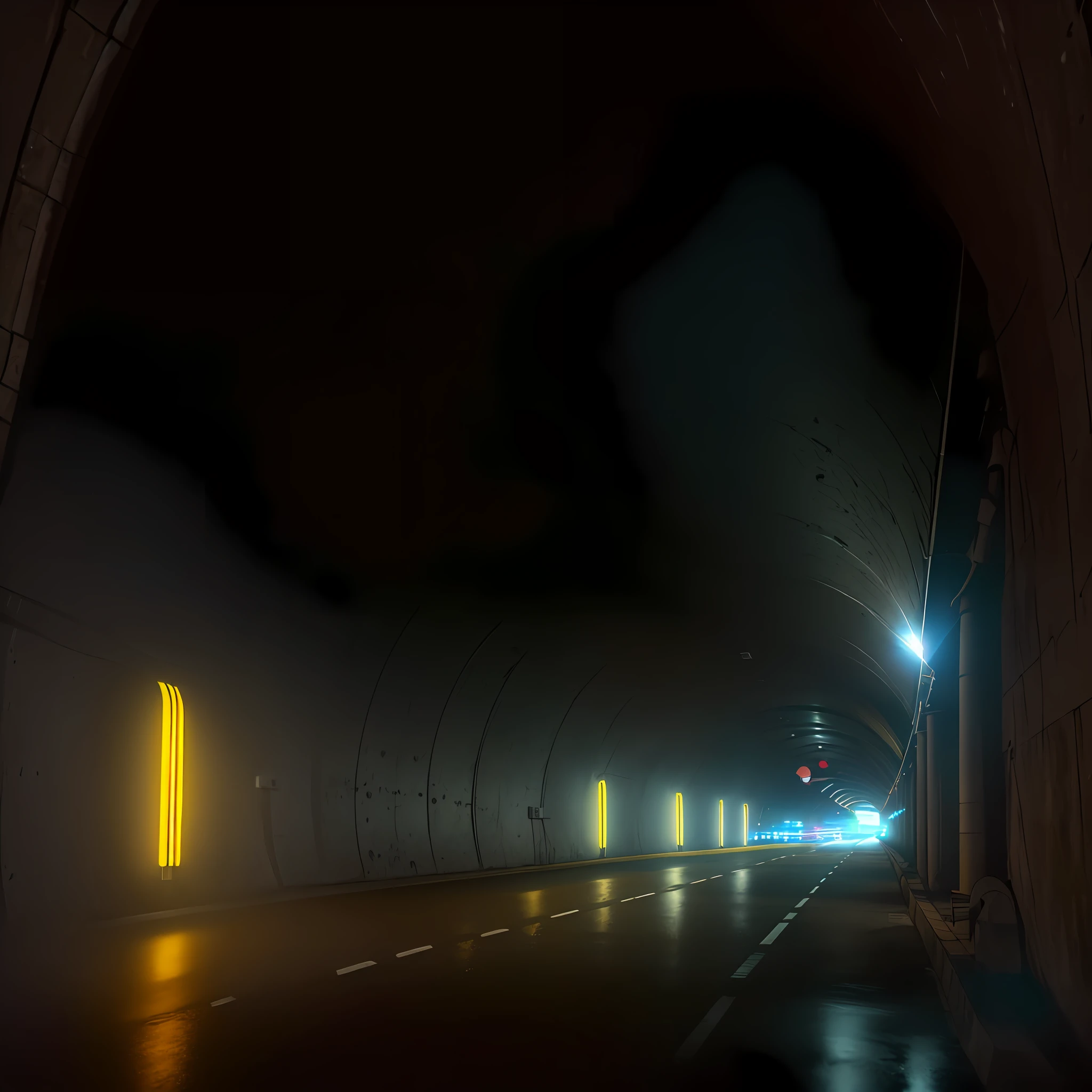 (very sharp and detailed image), (dynamic point of view), (wide angle), illustration from inside a tunnel (barrel vault) of very illuminated road, the walls are made of square tiles of white enamel very reflective, the road (very black floor, very wide, 4 lanes, new spike), the ceiling lights (very bright, blue and yellow), Metallic green road signs, great lighting, somewhat mirror reflections on a portion of the tunnel wall