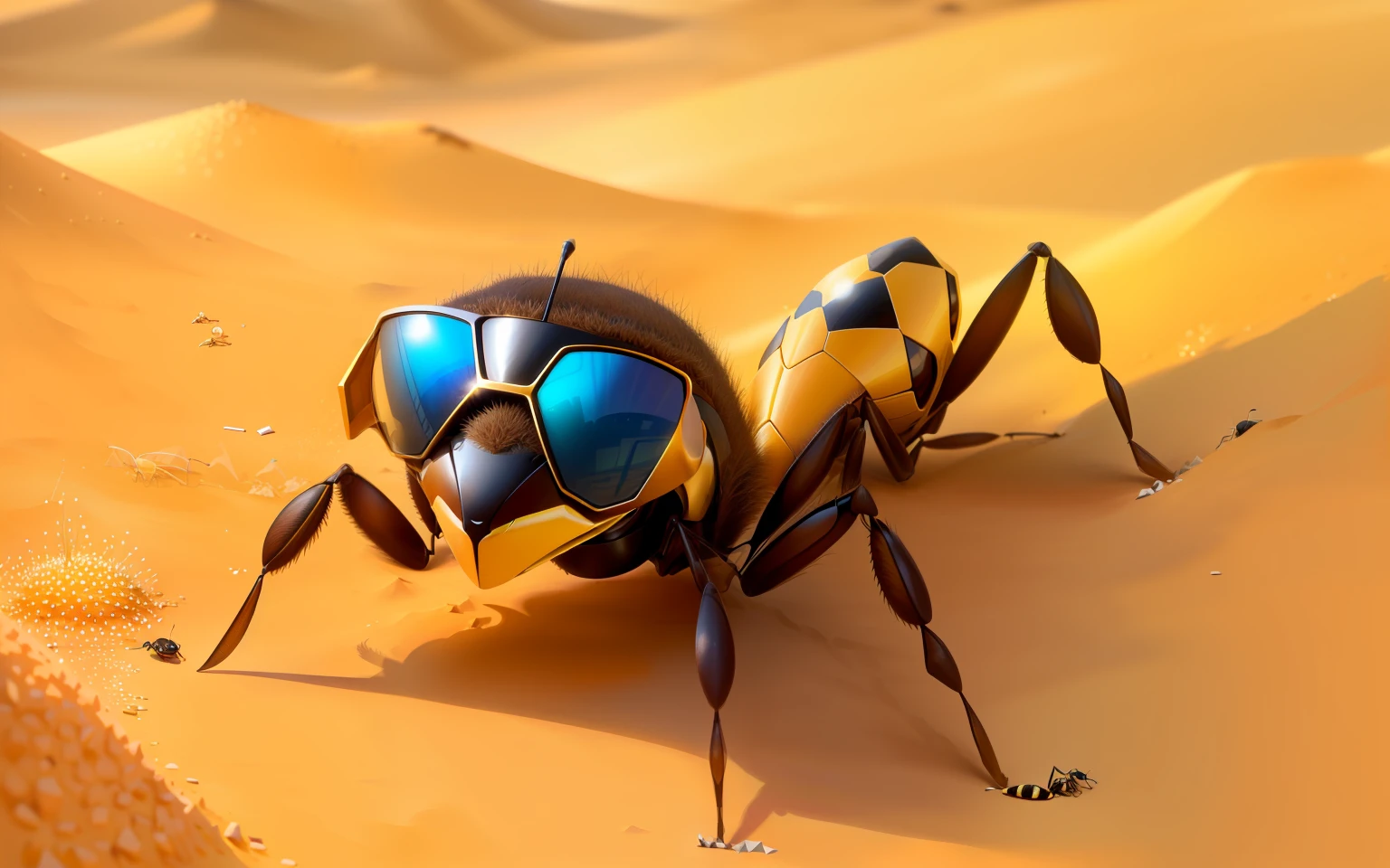 sunbathing cool ant with sunglasses on a sandy anthill