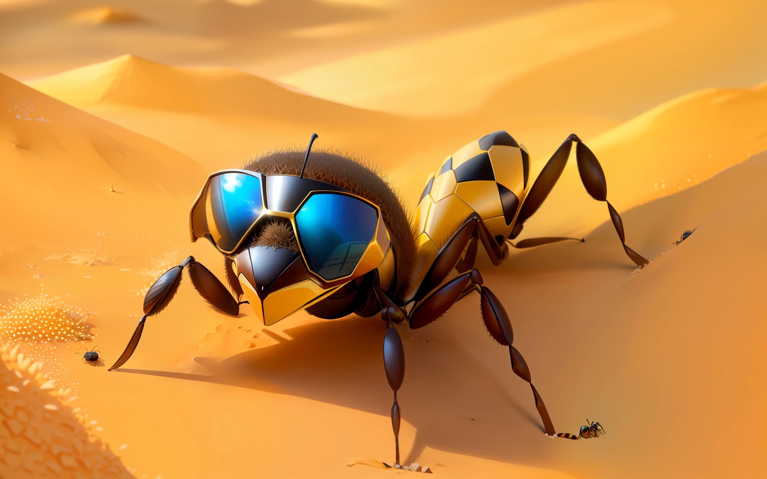sunbathing cool ant with sunglasses on a sandy anthill
