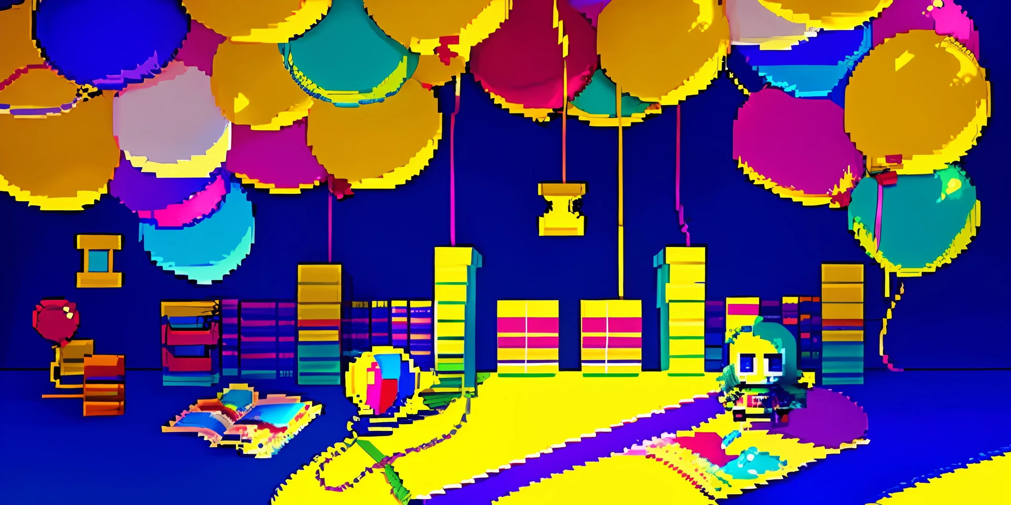 Pixel-art style, stacks of comic books on the table, wall decorated with balloons and ribbons, yellow wall in the background, pastel colors, studio lighting, wide slightly low angle.
