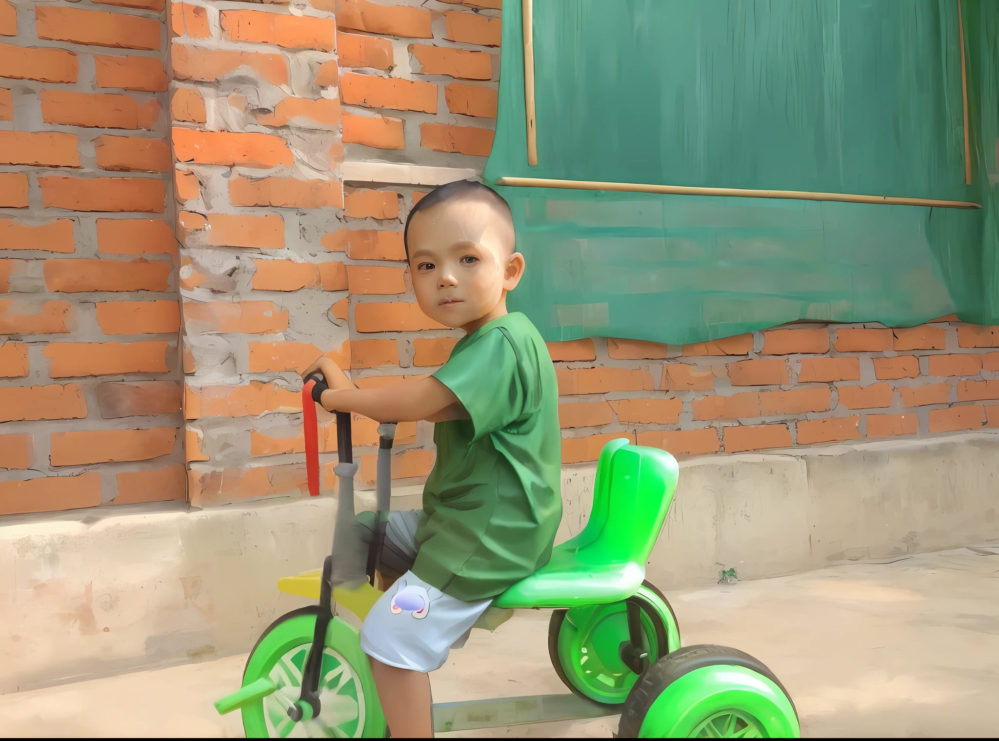 a  riding a green tricycle, duy beni serial, it\'s name is greeny, hoang long ly, wearing green armor and helmet, dao trong le, quy ho, bao phan, nicholas, raffael, young boy, bicycle in background, young childreen background, cute boy, thanshuhai