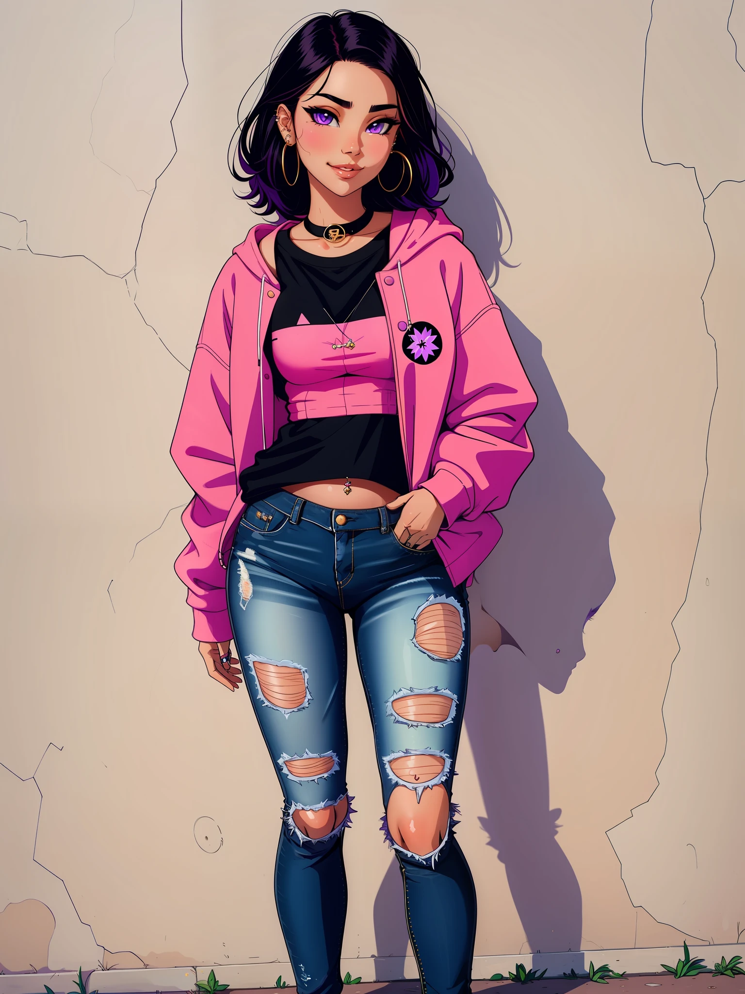 Cute girls face, black hair, smug face, purple eyes, piercing