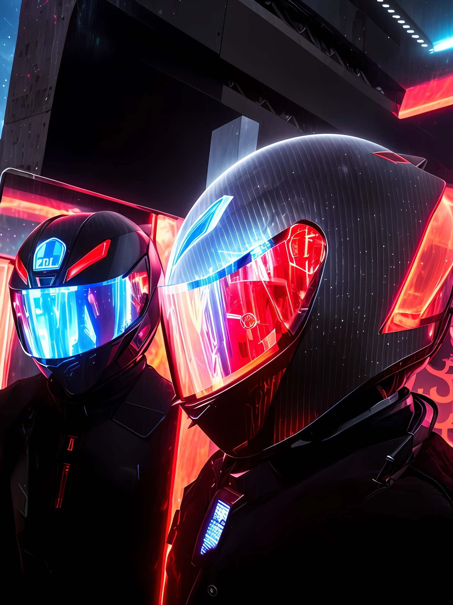 There are two people standing side by side wearing helmets, reflection on helmet, transformer reflection helmet, helmet, mirrored mecha reflection in helmet, helmet view, dark visor overlay, motorcycle helmet, morphing helmet, dark visor covering the top of the face, helmet instead of head, HD camera shooting, mecha wind, horns on the head, symmetrical on both sides,