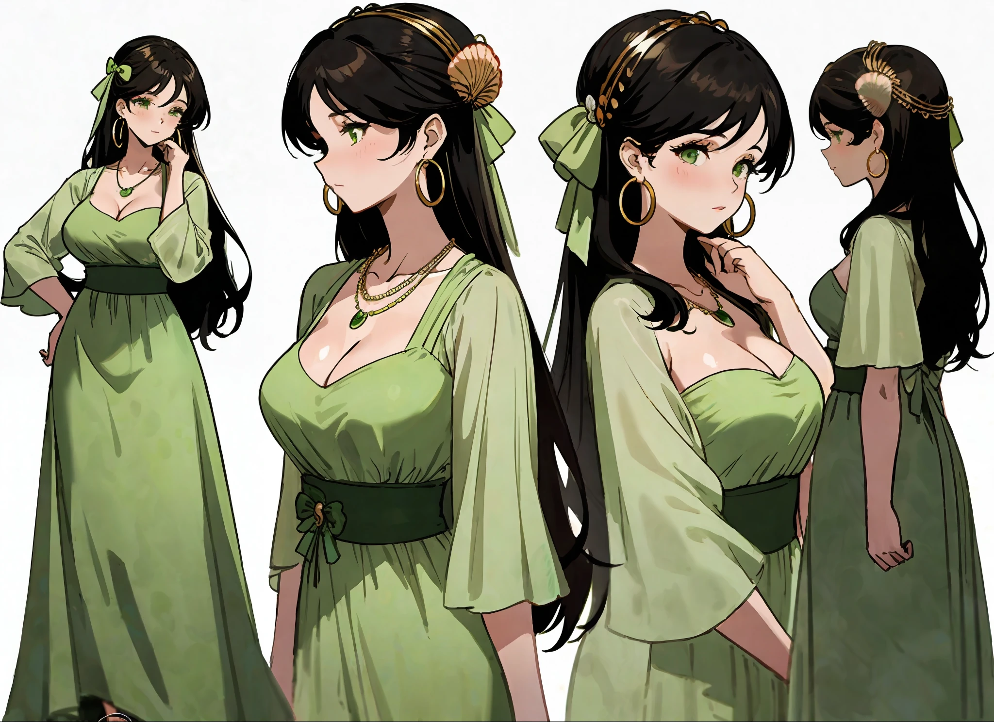 masterpiece:1.6, best quality:1.4, real picture:1.2, intricate details:1.2, charturnerv2:1.2, full body character turnaround of 1lady, Appearance: milf:1.25, slender:1.3, green eyes, medium breasts, flat chest, sharp eyes, cleavage, curvy Clothing: green maxi dress, Accessories: golden ring, simple hoop earrings, shell necklace, hair bow, hair ornament, Hair: long black hair, messy hair, Makeup: natural, glowing skin, (simple background, white background:1.3), multiple views, Multiple views of the same character in the same outfit:1.3.