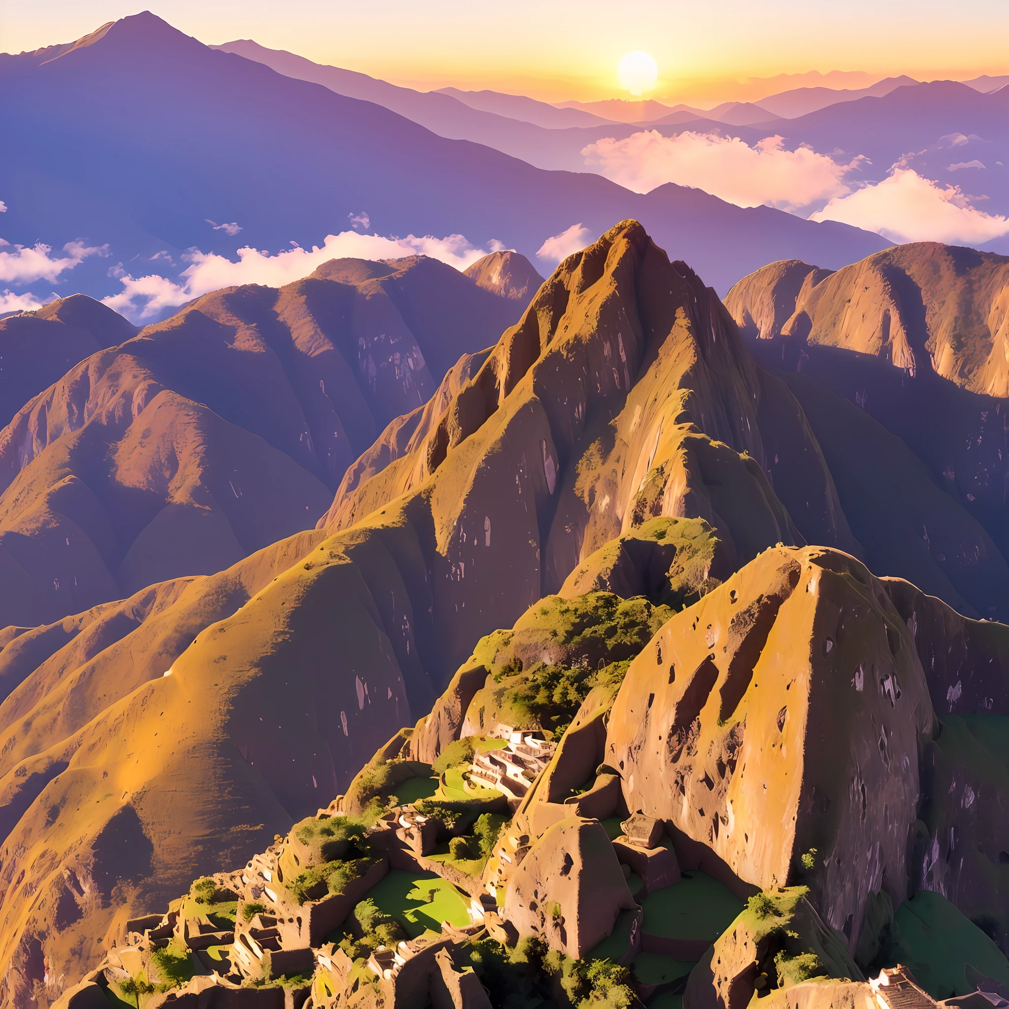 Panoramic view of Machupicho during the golden hour, ultra realistic, 8k, ultra detailed