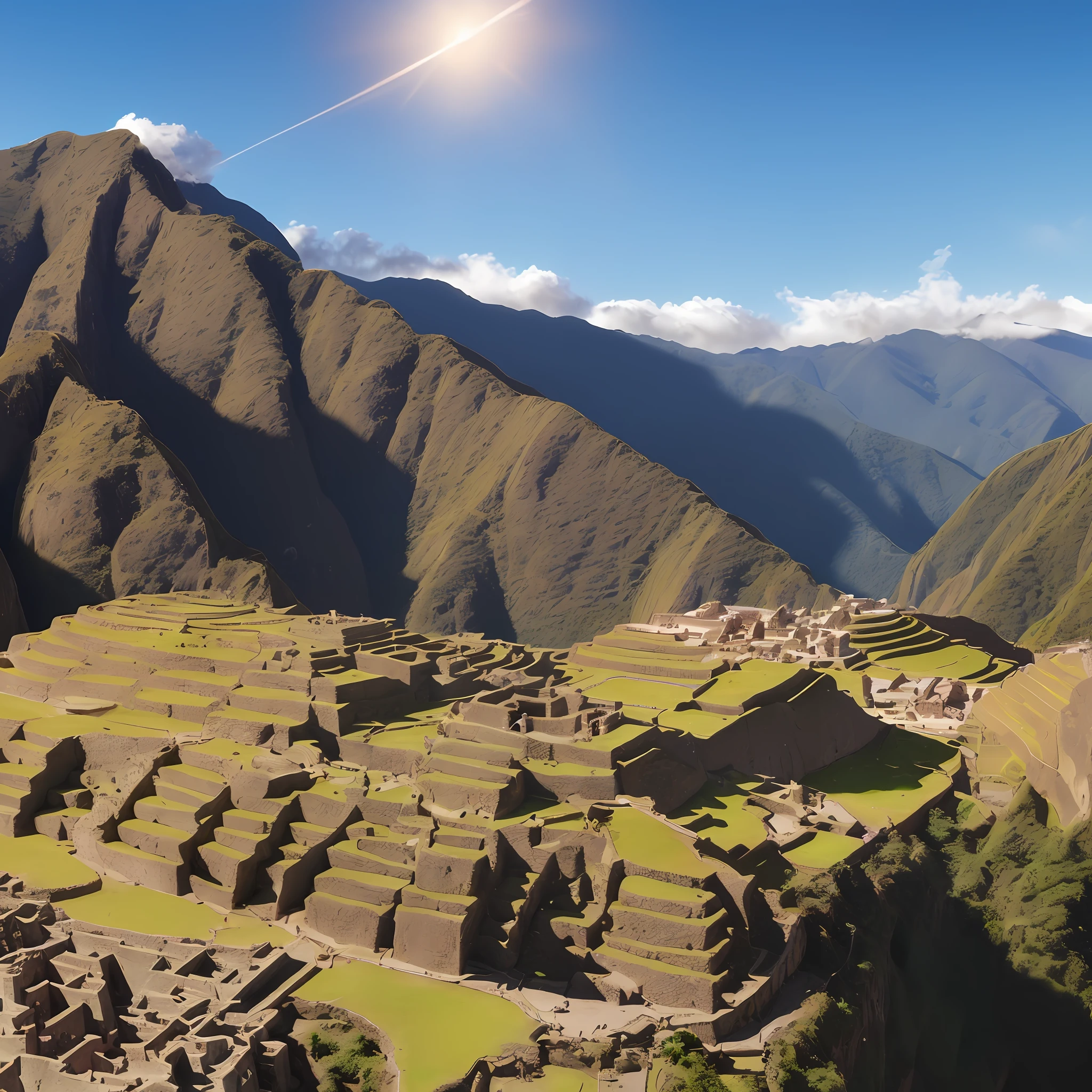 Panoramic view of Machupicho during the golden hour, ultra realistic, 8k, ultra detailed