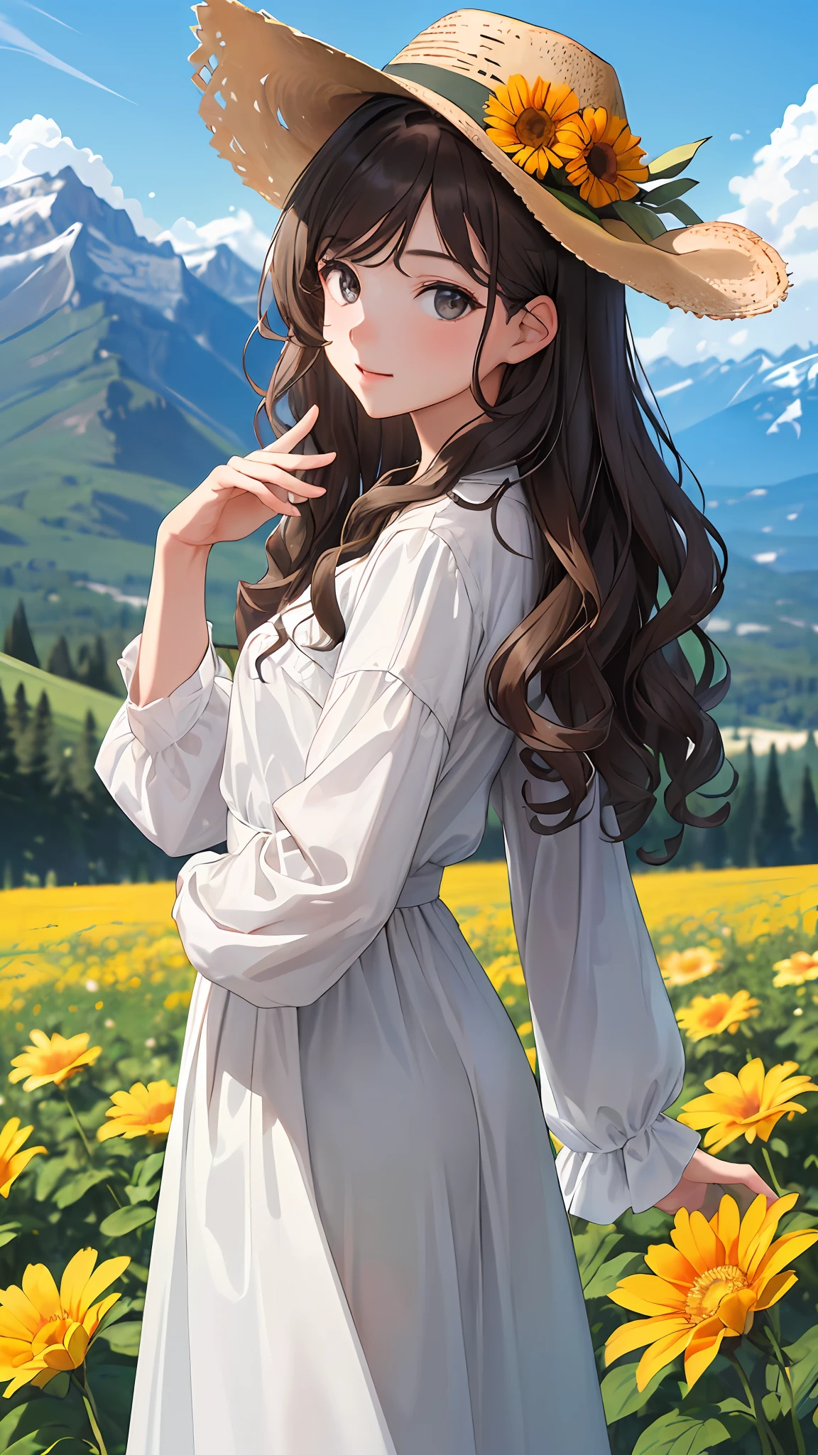 (Masterpiece, best quality: 1.2), looking at the viewer, wavy curls, (bright skin: 1.2), {outdoors}, {wide background}, {upper body|cowboy lens|full body}, flowers all over the mountains, gray eyes,
brunette
