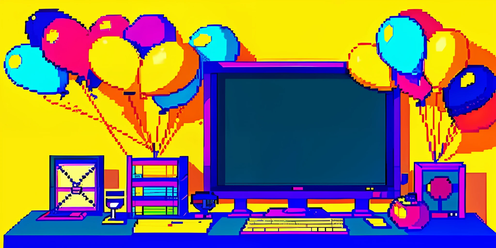 Pixel-art style, stacks of comic books on the table, wall decorated with balloons and ribbons, yellow wall in the background, pastel colors, studio lighting, wide slightly low angle.