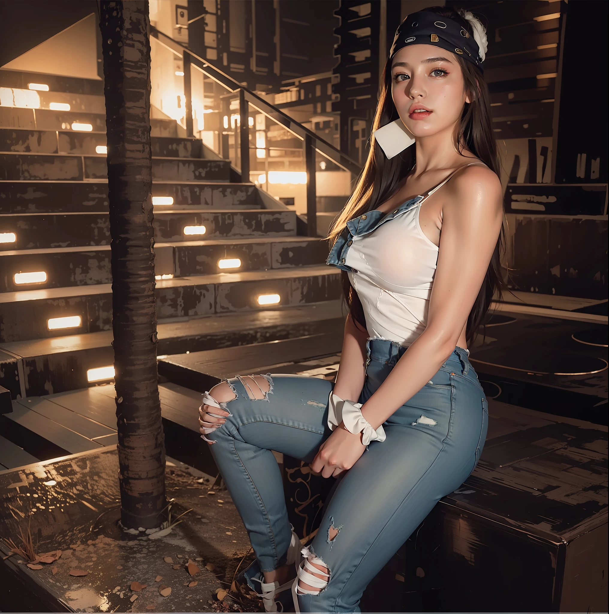 Best Quality, Masterpiece, Ultra High Resolution, (Realism: 1.4), Original Photo, 1Girl, Bare Shoulder, In the Dark, Deep Shadow, Low Key, Cold Light, White in Jean Panty, Bent Back, Big Arms, Big Breasts
