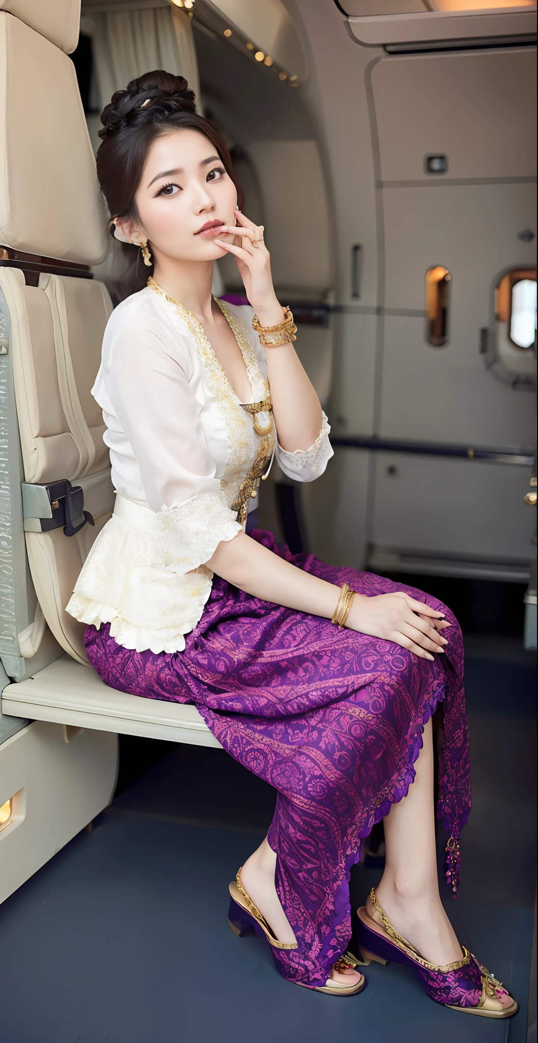 arafed woman sitting on a bench in a plane with her hand on her chin, traditional beauty, with lovely look, traditional clothes, traditional dress, elegant pose, south east asian with long, gorgeous lady, traditional, during sunrise, wearing an ornate outfit, with beautiful exotic, looking cute, profile picture 1024px, doing an elegant pose