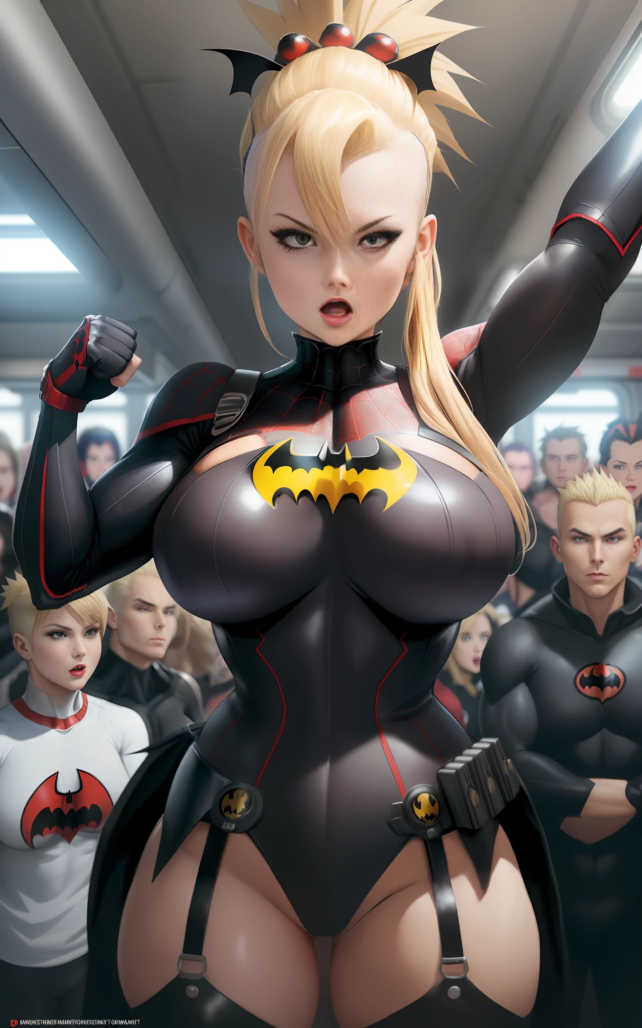 "A woman in a maid/Batman/Spider-Man costume, enormous breasts, blond hair, mohawk, exhibitionist, in a fighting position, closed fists, within a crowded meter of passengers, anime-style."