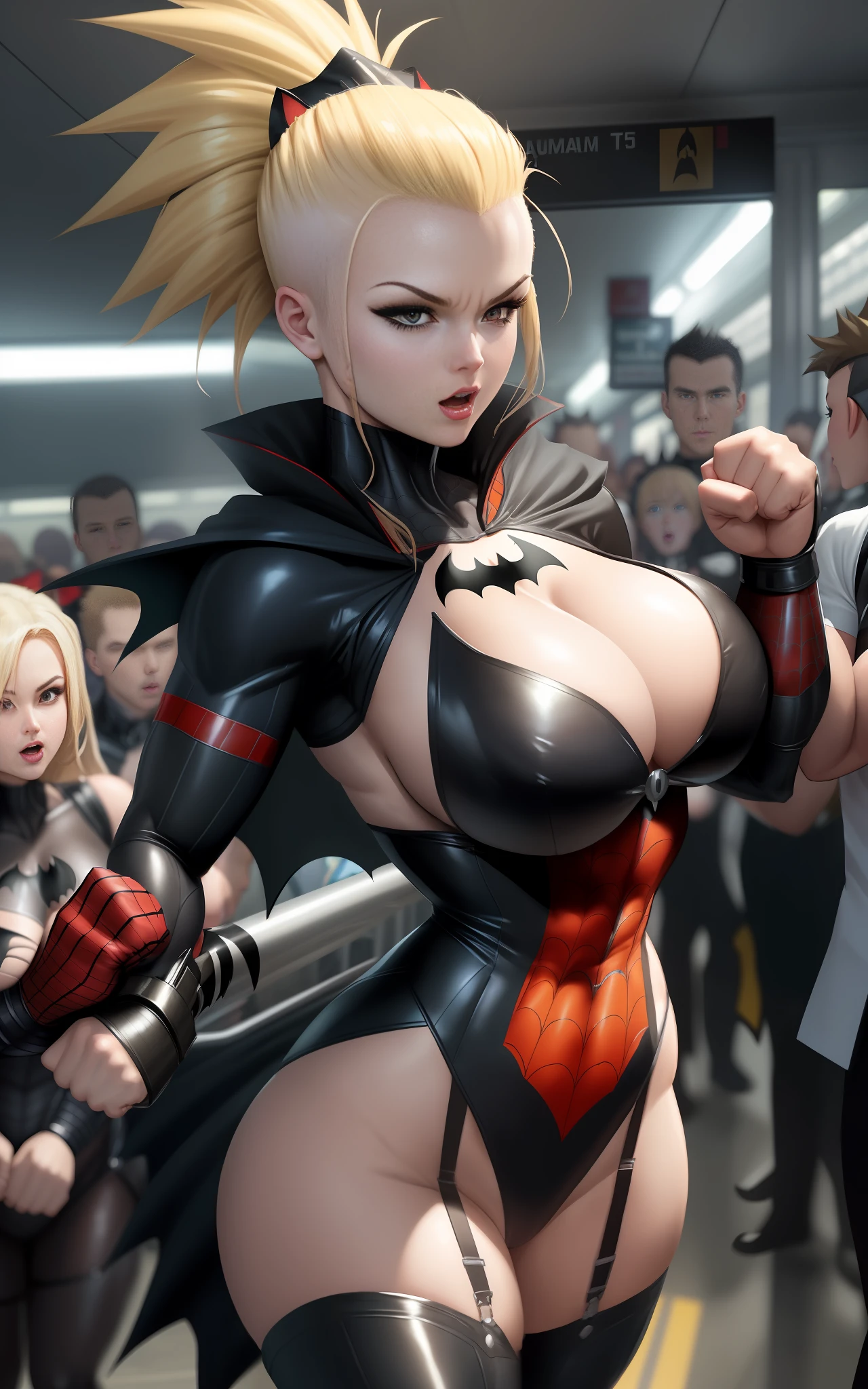 "A woman in a maid/Batman/Spider-Man costume, enormous breasts, blond hair, mohawk, exhibitionist, in a fighting position, closed fists, within a crowded meter of passengers, anime-style."