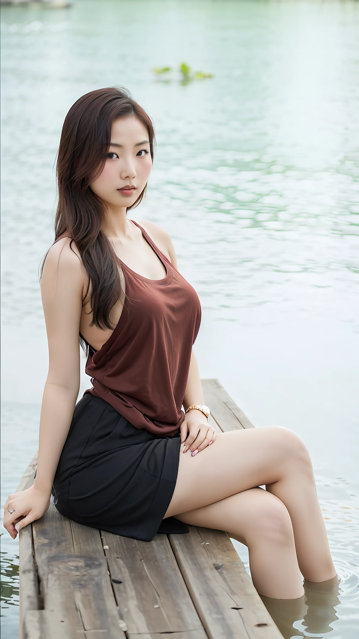 arafed asian woman sitting on a dock in a brown tank top, asian girl, beautiful asian girl, sexy girl, mai anh tran, lovely woman, beautiful model girl, asian women, asian woman, photo of slim girl model, beautiful girl model, beautiful asian woman, an asian woman, asian female, attractive girl, young asian girl, with beautiful exotic, ruby lips, faint smile, cleavage, big round tight breasts, seductive breasts