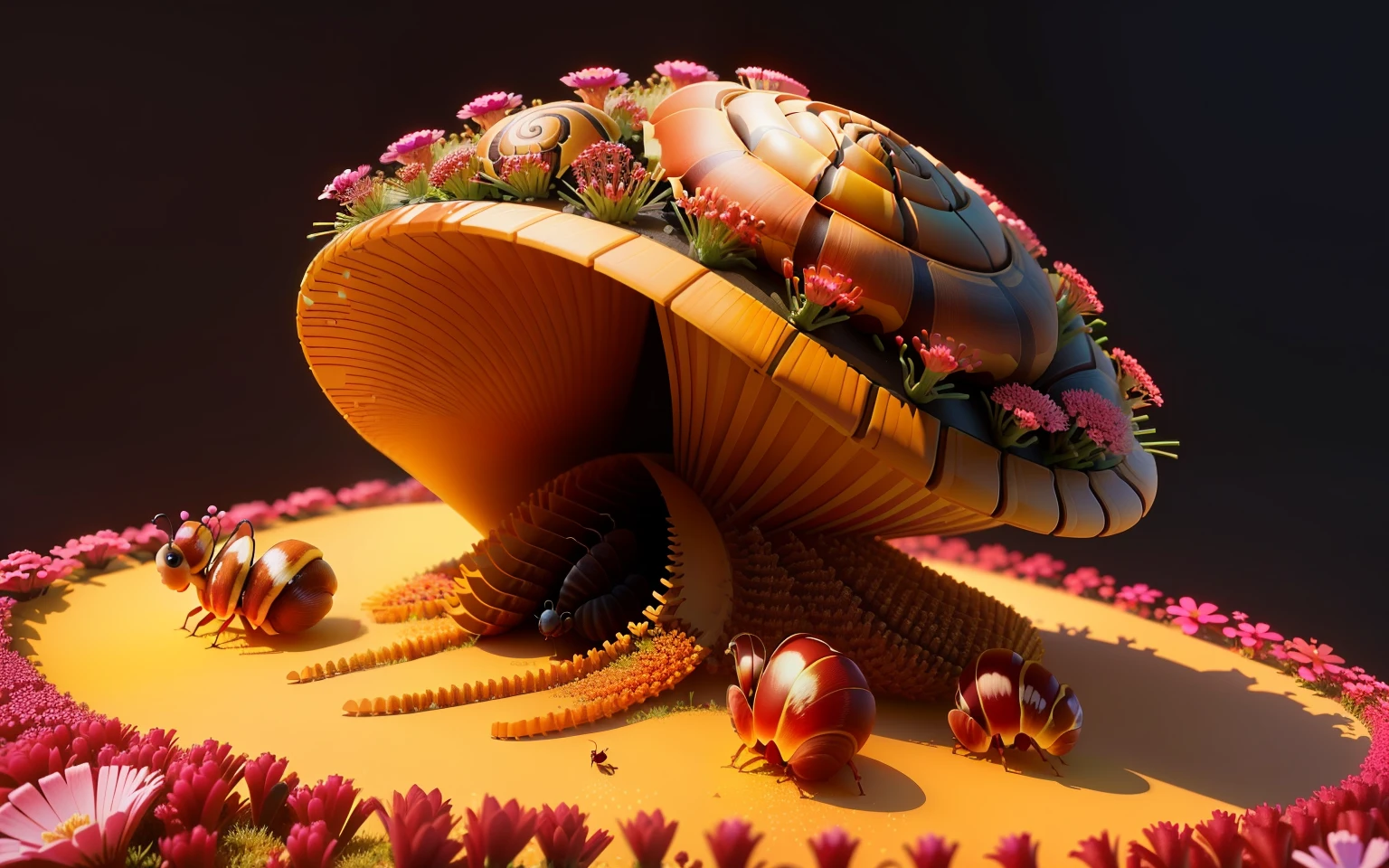 an anthill made from snail shell,maroon,flowers,ants,animation,3D,upascales