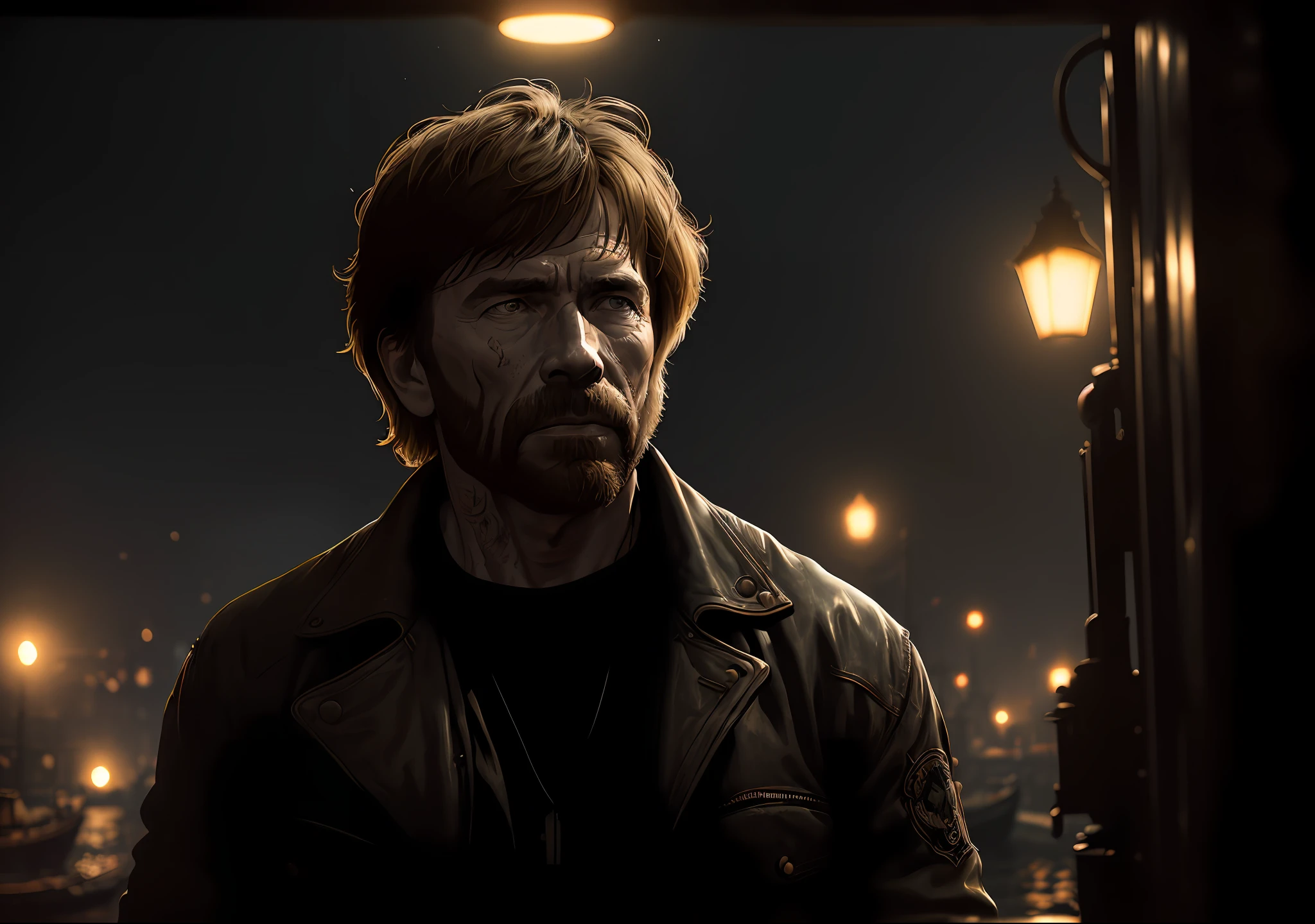 CHUCK NORRIS DARK PHOTO: Sitting on an old boat, realistic epic, portrait of, James Gilleard, by Joe Fenton, by Kaethe Butcher, yellow gradient, black, brown and magenta color scheme, grunge aesthetic!!! Graffiti brand wall background, art by Greg Rutkowski and Artgerm, soft cinematic light, Adobe Lightroom, Photo Lab, HDR, intricate, highly detailed, (depth of field: 1.4), faded, (neutral colors: 1.2), (HDR: 1.4), (soft colors:1.2), hyperdetailed, (Artstation:1.4), cinematic, warm lights, dramatic light, (intricate details:1.1), complex background, (Rutkowski:0.66), (blue and orange:0.4)