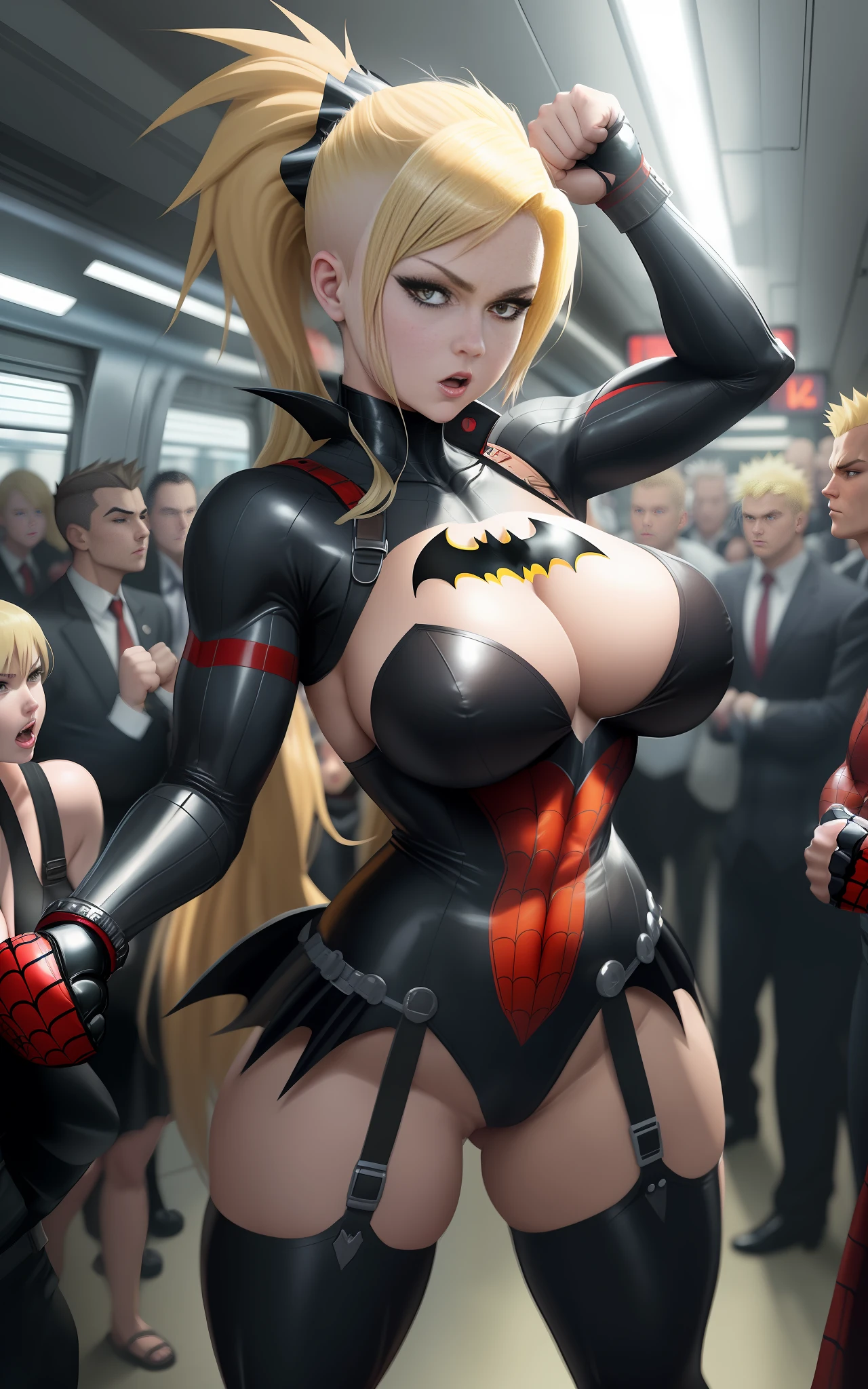 "Full body, A woman in a maid/Batman/Spider-Man costume, enormous breasts, blond hair, mohawk, exhibitionist, in a fighting position, closed fists, within a crowded meter of passengers, anime-style."