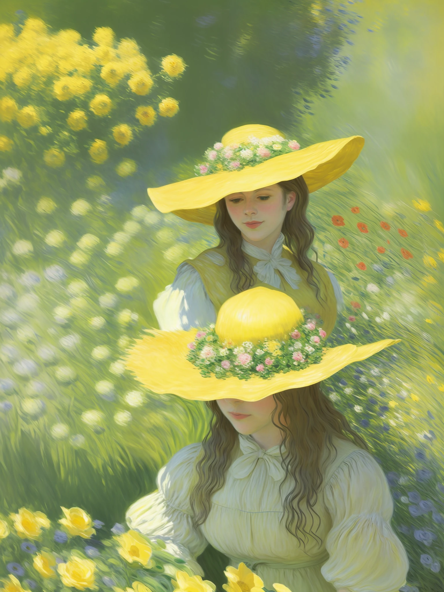 Oil texture, garden, detail portrayal, Monet, maiden lying in yellow flowers, sun hat