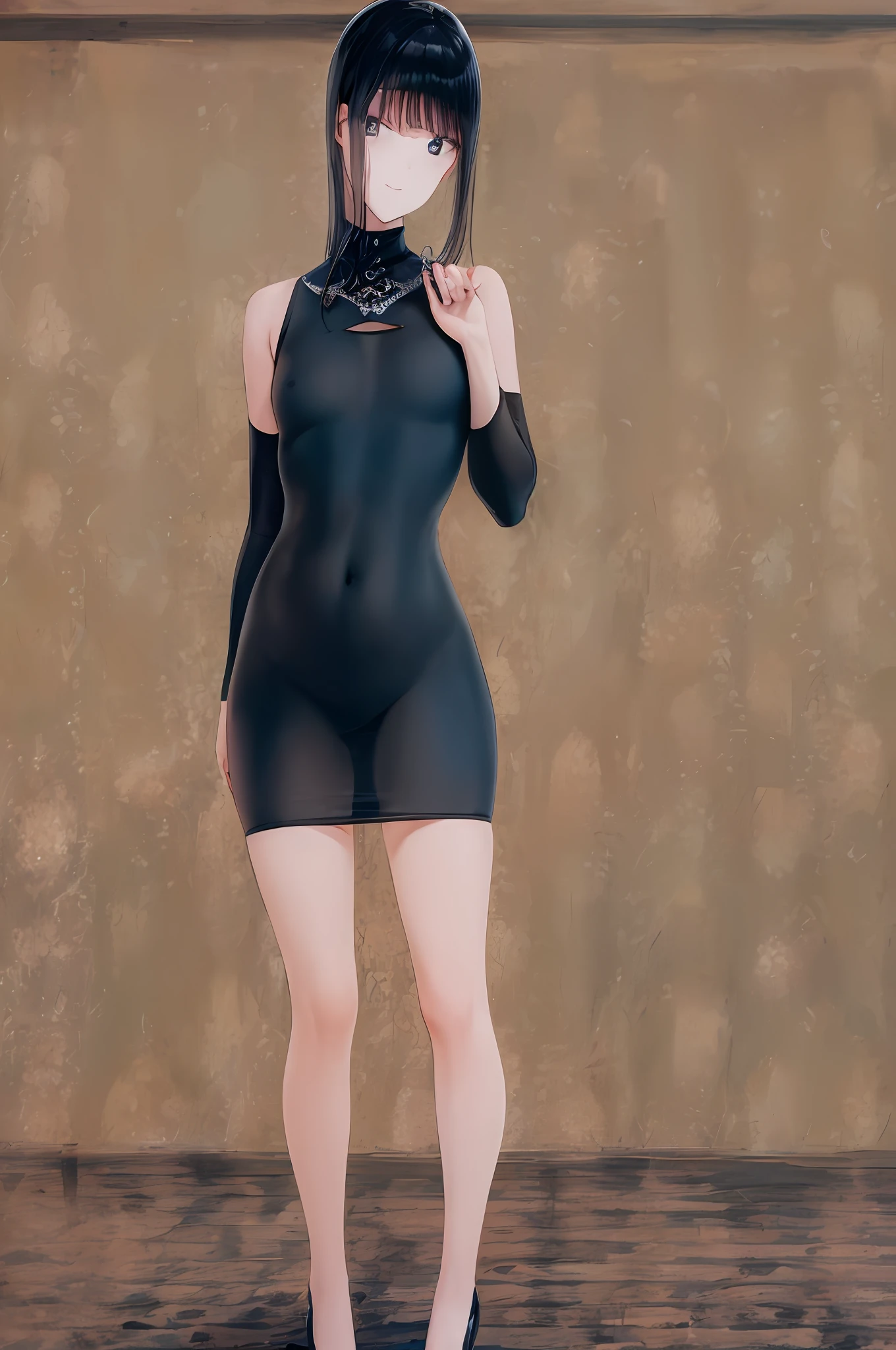 A girl, smiling, black hair, hands behind her back, blue cheongsam, plump chest, slender waist, full-body photo, standing, leaky shoulders, black tights,