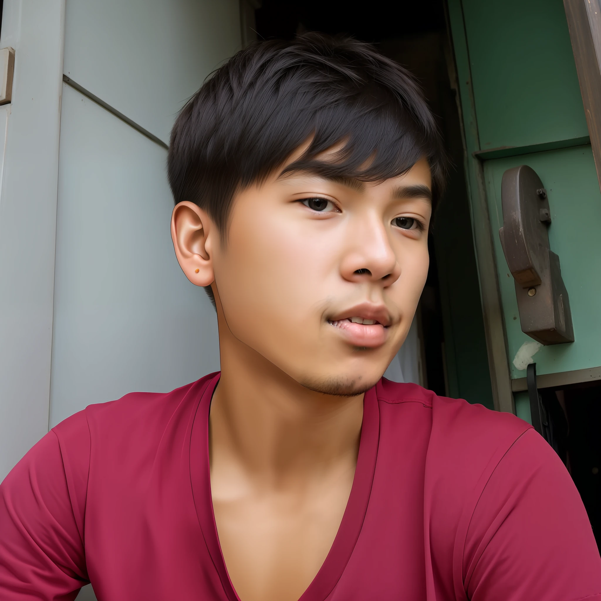 there is a young man sitting in a doorway with a cell phone, south east asian with round face, with accurate face, around 1 9 years old, with serious face expression, clean shaven face, with short hair, 1 7 - year - old boy thin face, clean shaven wide face, face picture, boy thin face, male teenager