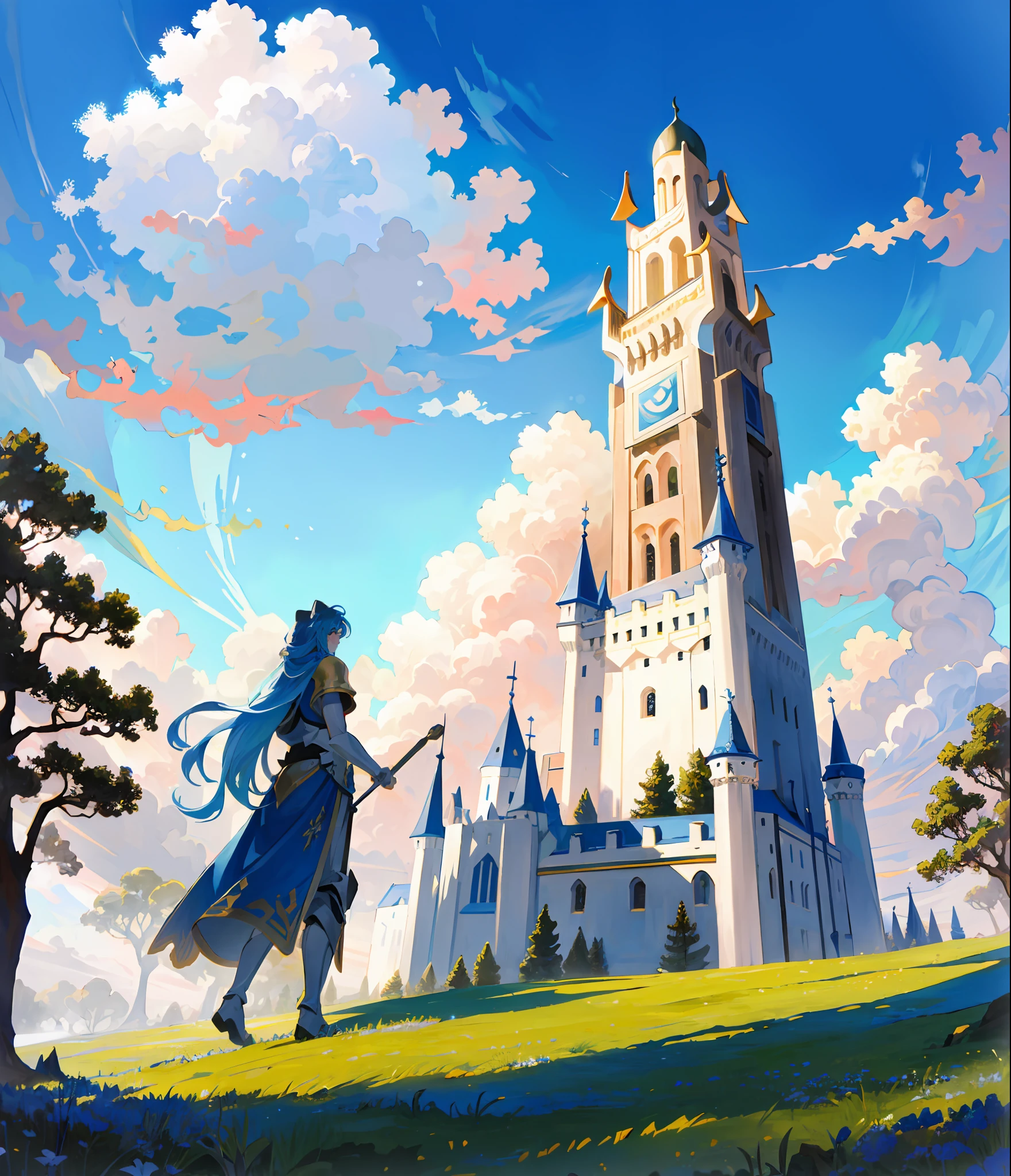 ((masterpiece, best quality)), princess, behind the vast fantasy landscape, in the distance is the towering castle and minaret, the lion next to it, daytime, blue sky and white clouds, huge castle, robots, forest