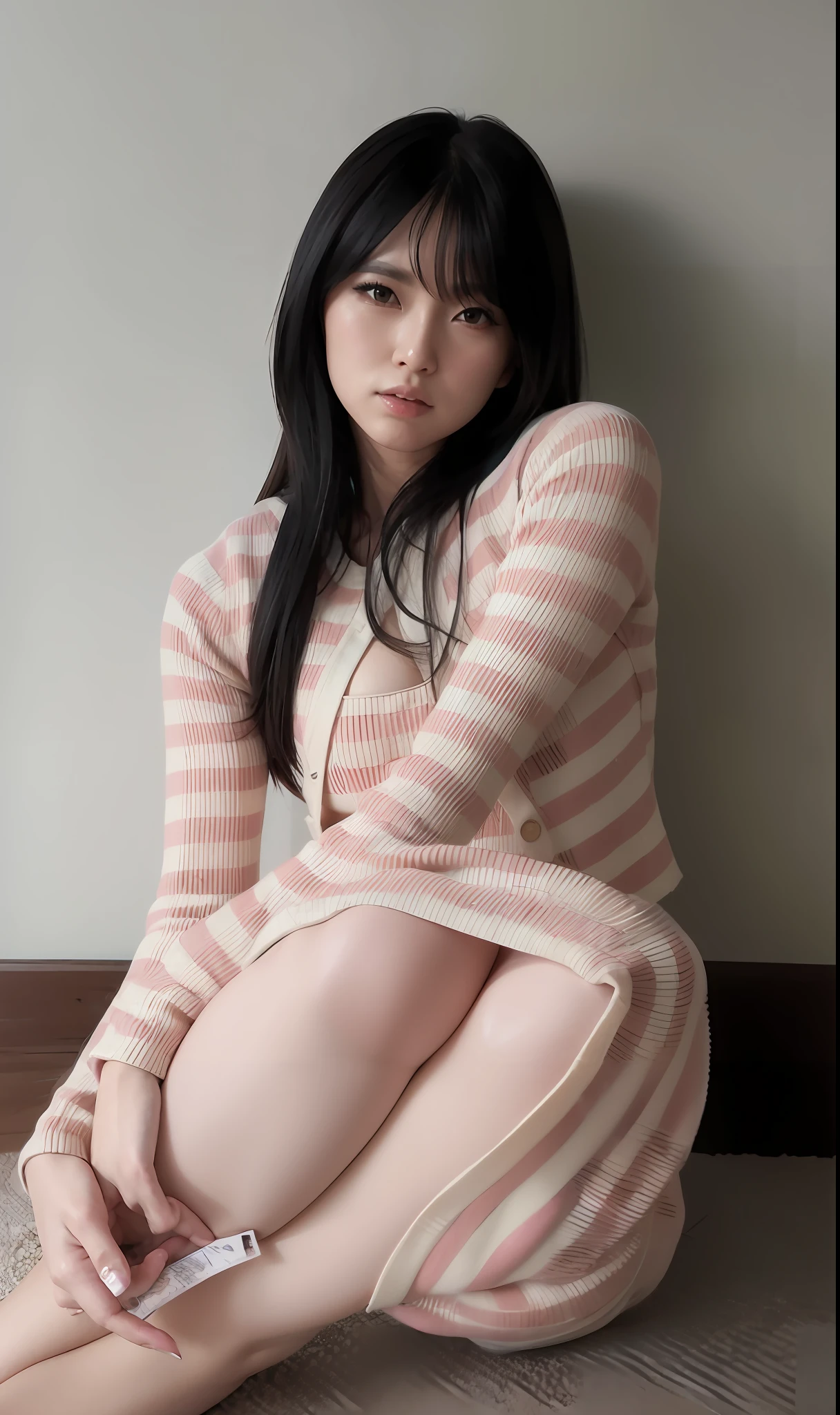arafed asian woman sitting on the floor with her legs crossed, kimi takemura, japanese model, 奈良美智, kotegawa yui, aoi ogata, young pretty gravure idol, young sensual gravure idol, yasumoto oka, young skinny gravure idol, yuuka kazami, ruby lips, faint smile, cleavage, big round tight breasts, seductive breasts, blonde hair