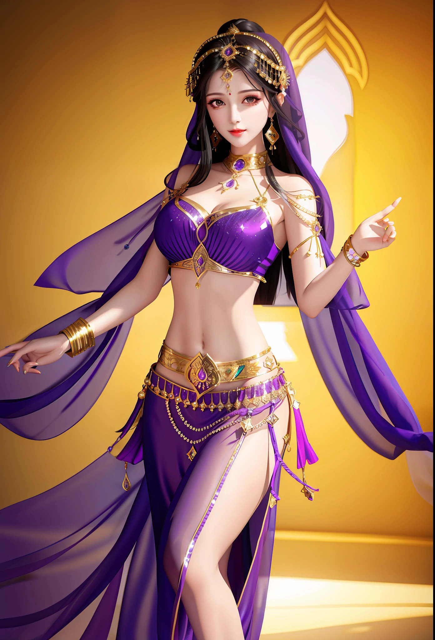 A woman in purple belly dance costume poses for photo, transparent costume, perfect face shape, delicate face shape, Arabian princess, inspiration for Arabian nights, belly dancer, high quality costume, belly dance, fantasy costume, fair skin, delicate skin, stage