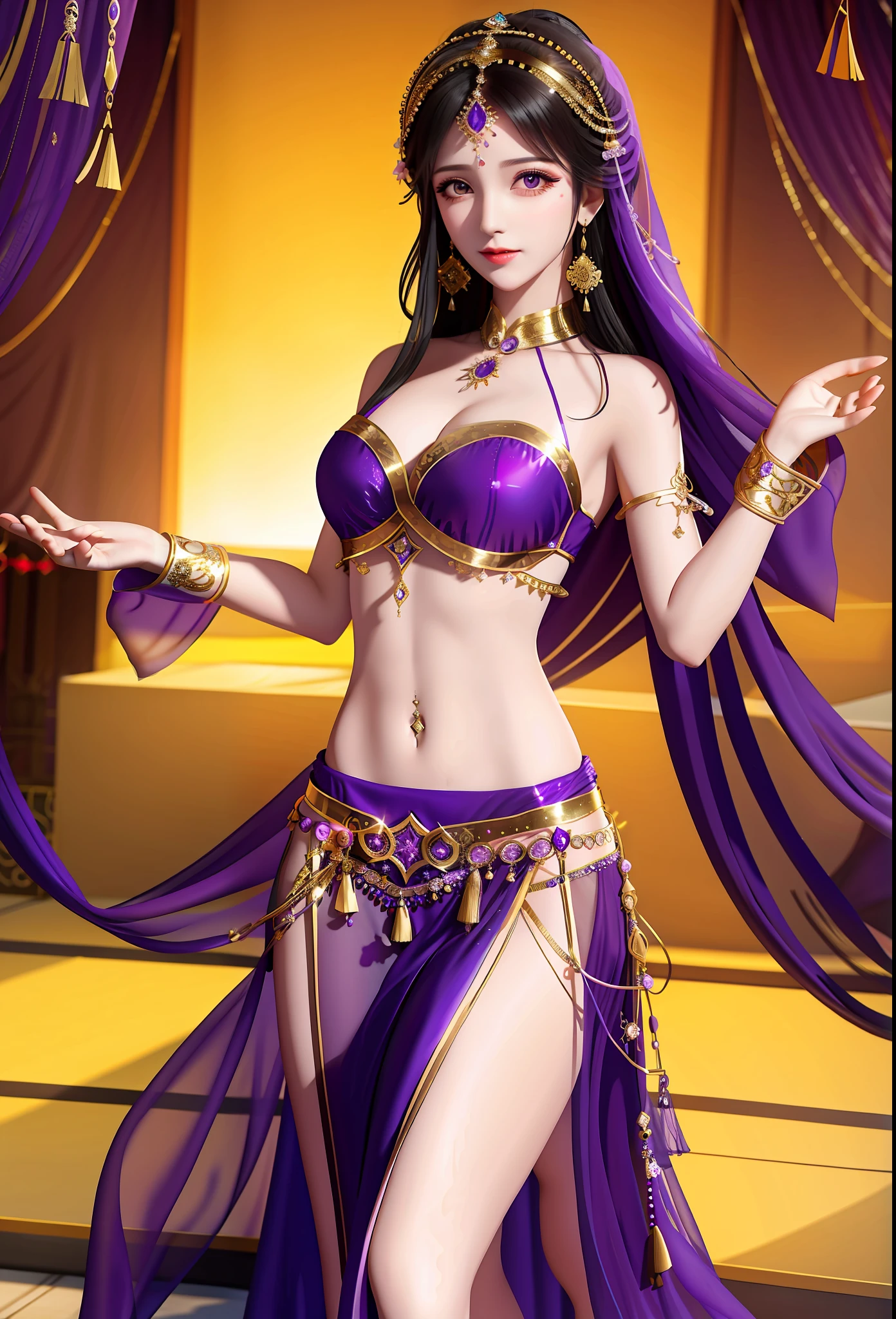 A woman in purple belly dance costume poses for photo, transparent costume, perfect face shape, delicate face shape, Arabian princess, inspiration for Arabian nights, belly dancer, high quality costume, belly dance, fantasy costume, fair skin, delicate skin, stage
