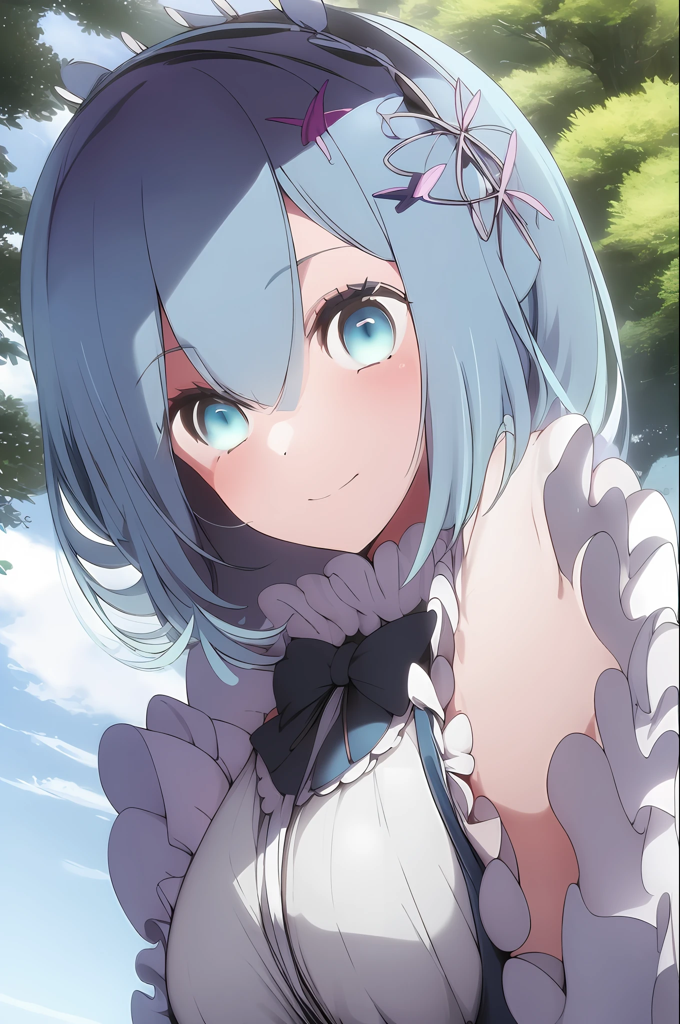 (masterpiece:1.6, best quality), (finely detailed beautiful eyes: 1.2), ph_rem, remhd, 1girl, blue hair, solo, blue eyes, x hair ornament,roswaal mansion maid uniform, maid, ocean,  bay, sunlight, trees, wave,  arms up