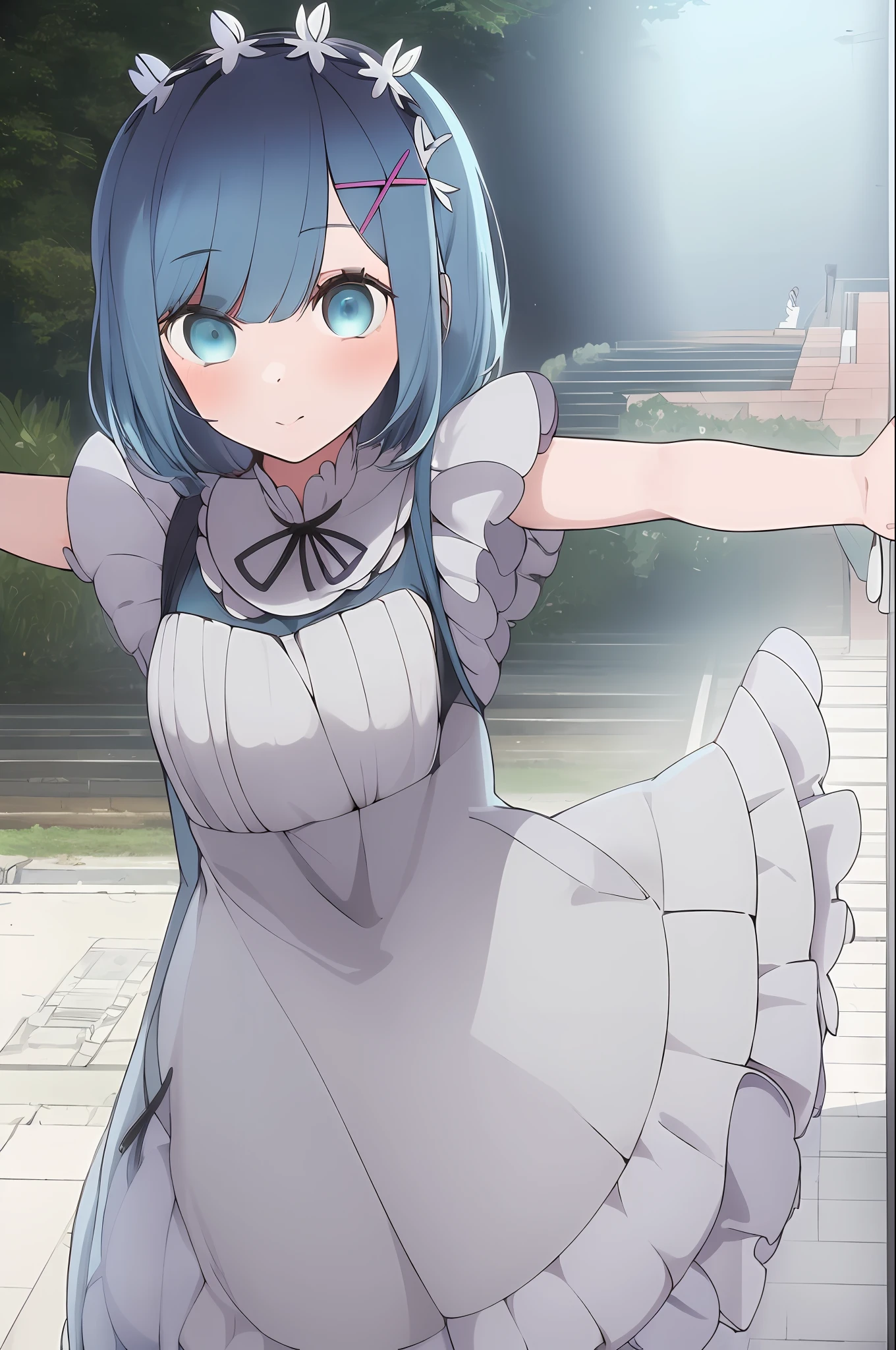 (masterpiece:1.6, best quality), (finely detailed beautiful eyes: 1.2), ph_rem, remhd, 1girl, blue hair, solo, blue eyes, x hair ornament,roswaal mansion maid uniform, maid, ocean,  bay, sunlight, trees, wave,  arms up