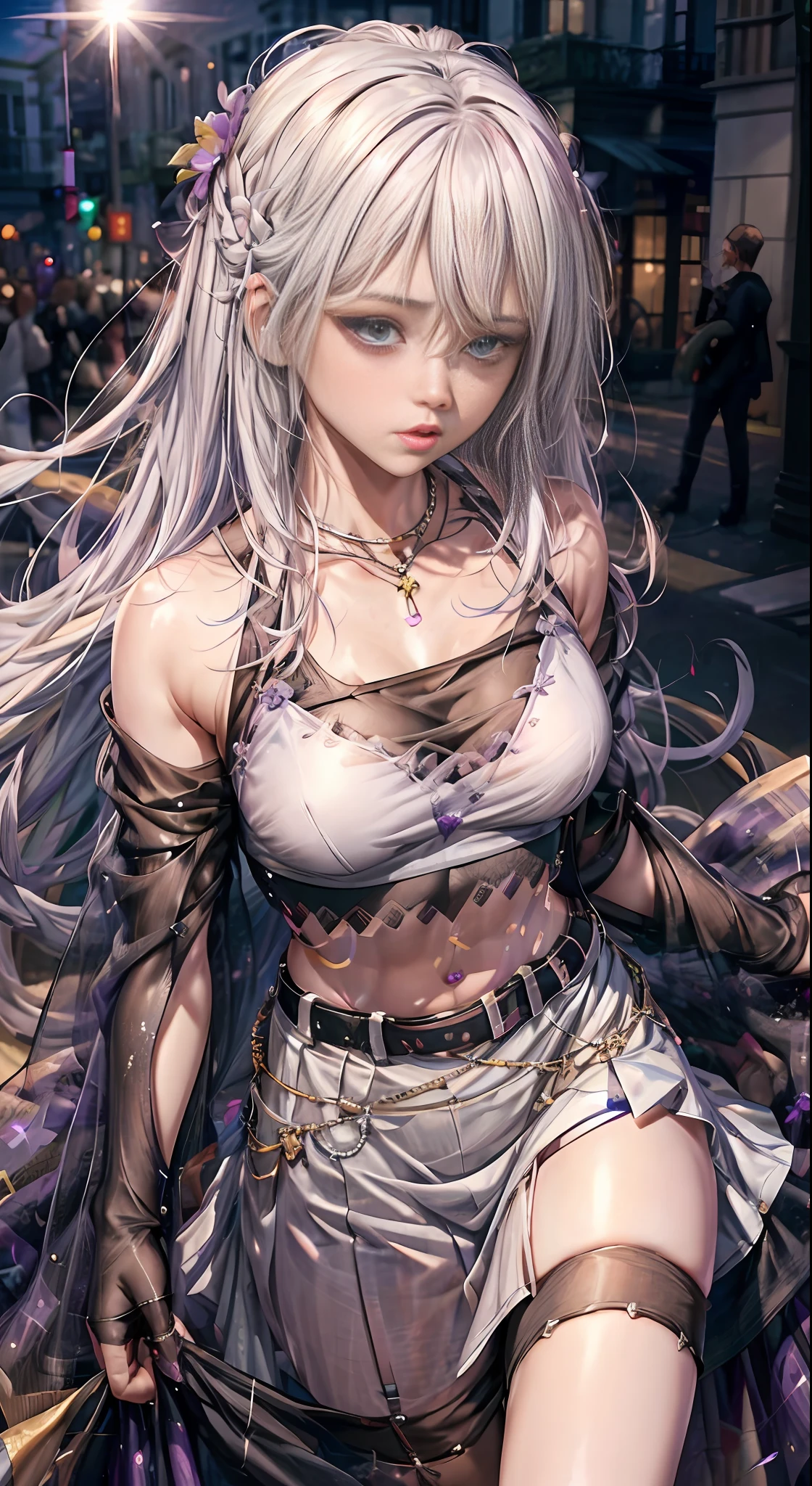 realistic, 1girl, white hair, purple eyes, glowing eyes, crop top, skirt, parted lips, blush, night, flowers, sun, sunlight,