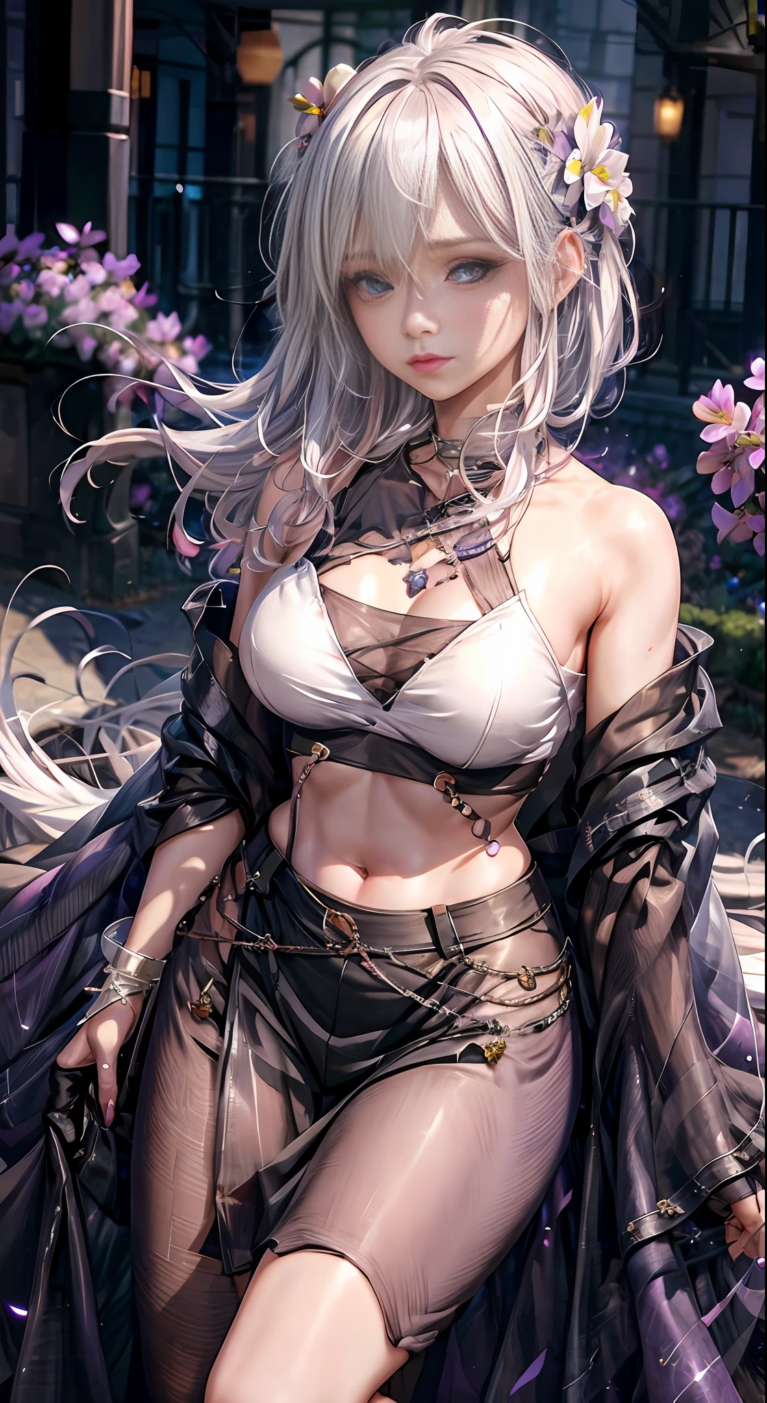 realistic, 1girl, white hair, purple eyes, glowing eyes, crop top, skirt, parted lips, blush, night, flowers, sun, sunlight,