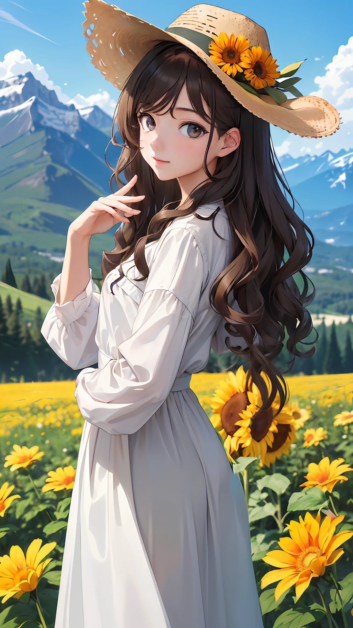 anime girl in a field of sunflowers with a mountain in the background, beautiful sunflower anime girl, anime girl with long hair, anime visual of a cute girl, clean detailed anime art, beautiful anime portrait, digital anime illustration, smooth anime cg art, anime moe artstyle, official art, beautiful anime girl, detailed digital anime art, artwork in the style of guweiz