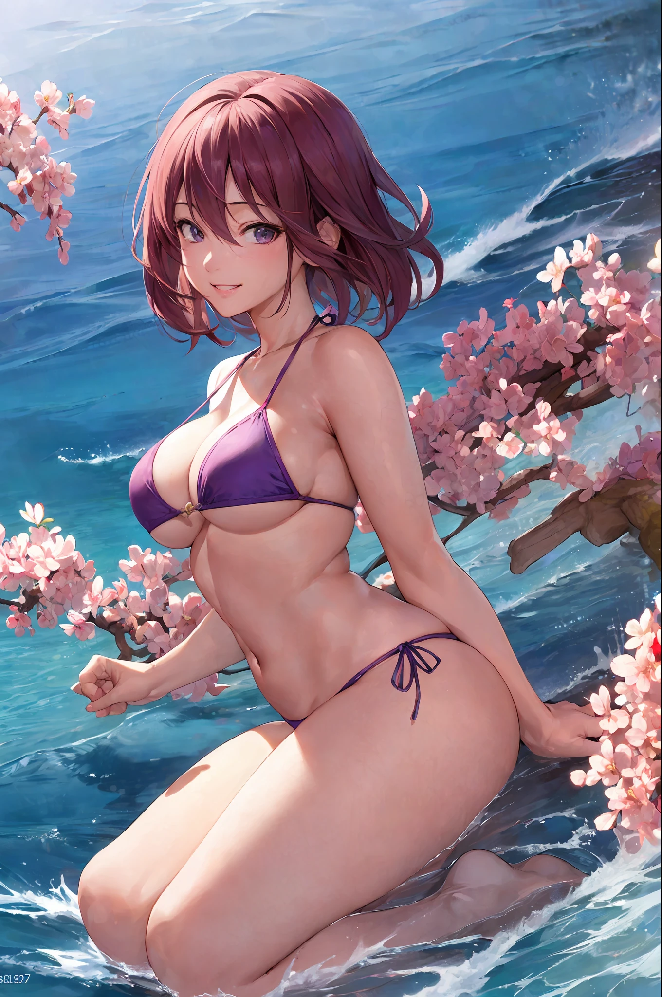 masterpiece, highres, photorealistic, best quality, 8k, best quality, ultra-detailed, perfect lighting, cinematic lighting, adult, mature, female, 1girl, solo, sun, ocean, (waves: 1.2), water, happy, smile, Sakura Haruno, twpr, nintendo, the legend of zelda, purple bikini, neckline,