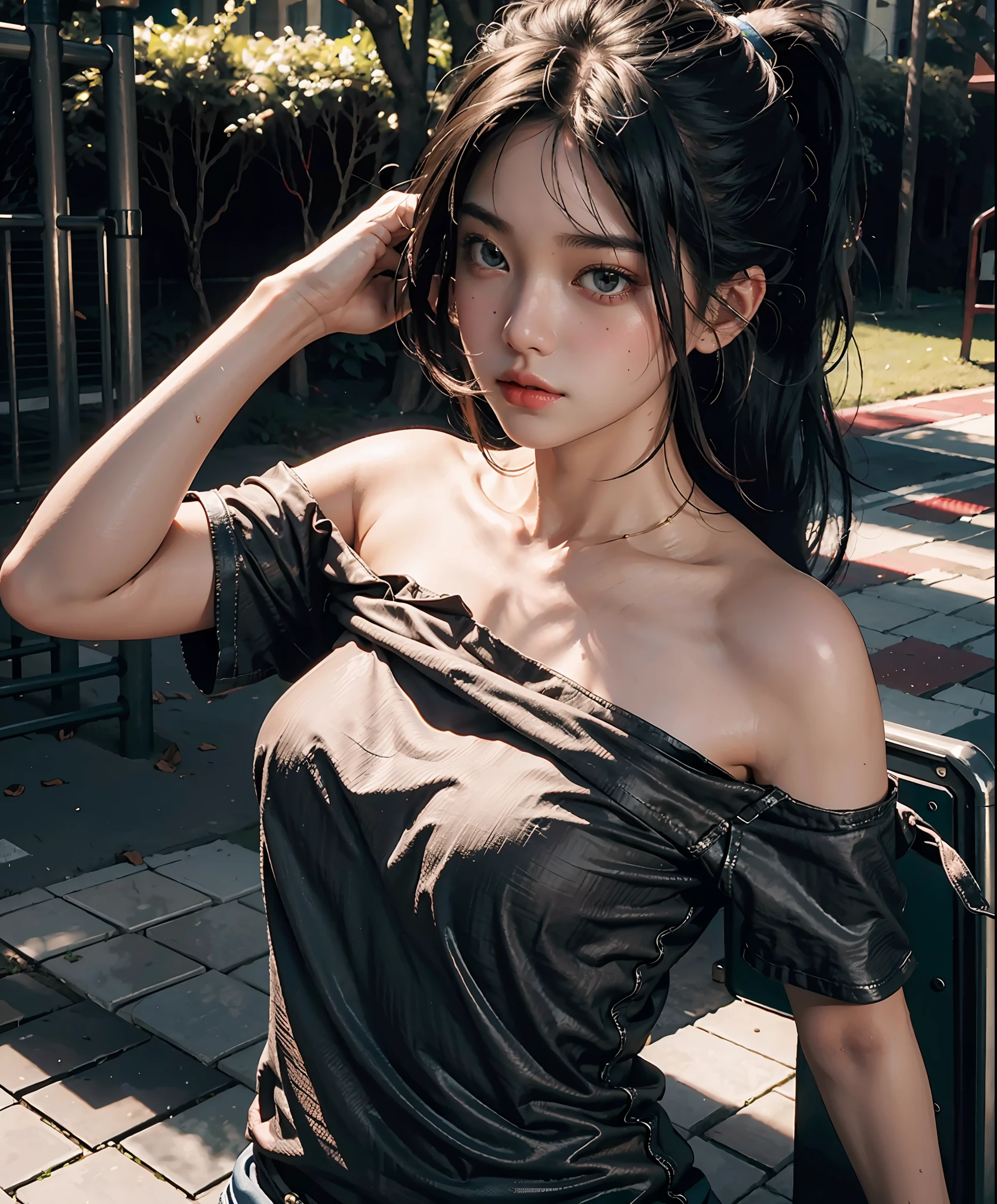 Best Quality, Masterpiece, Ultra High Resolution, (Realisticity: 1.9), Original Photo, 1Girl, Bare Shoulder, Close Up, Asian, Outdoor, Playground, Movie Lighting