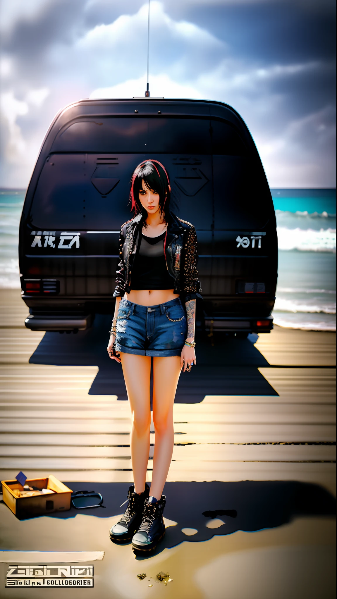 photo of the most beautiful artwork in the world featuring a modern punk woman, leaning against a van on a California beach, trending on ArtStation, CGSociety, Intricate, High Detail, Sharp focus, dramatic, photorealistic painting art by greg Rutkowski